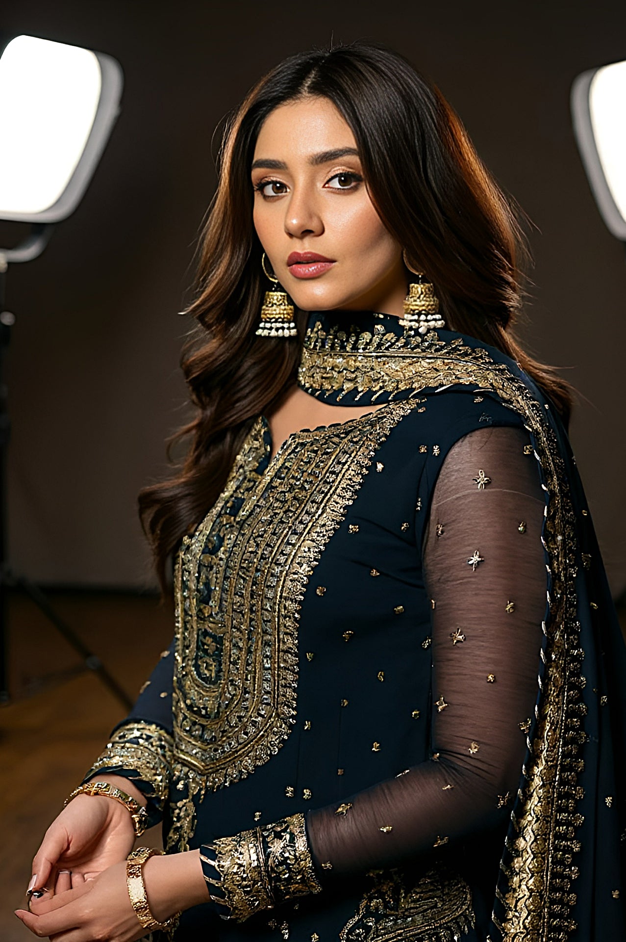 Navy Blue Embroidered Georgette Sharara Suit (Close up)