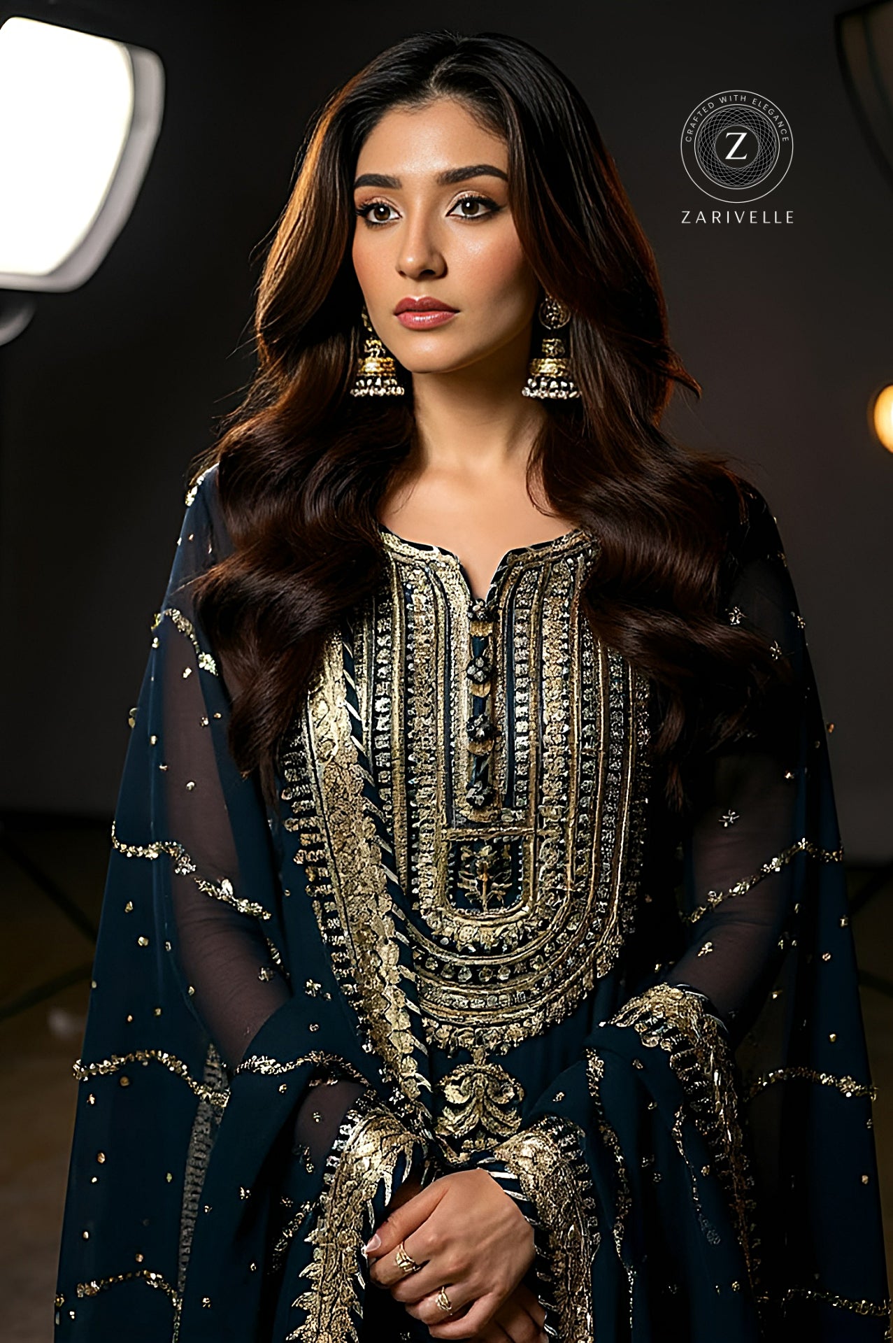 Navy Blue Embroidered Georgette Sharara Suit (Front)