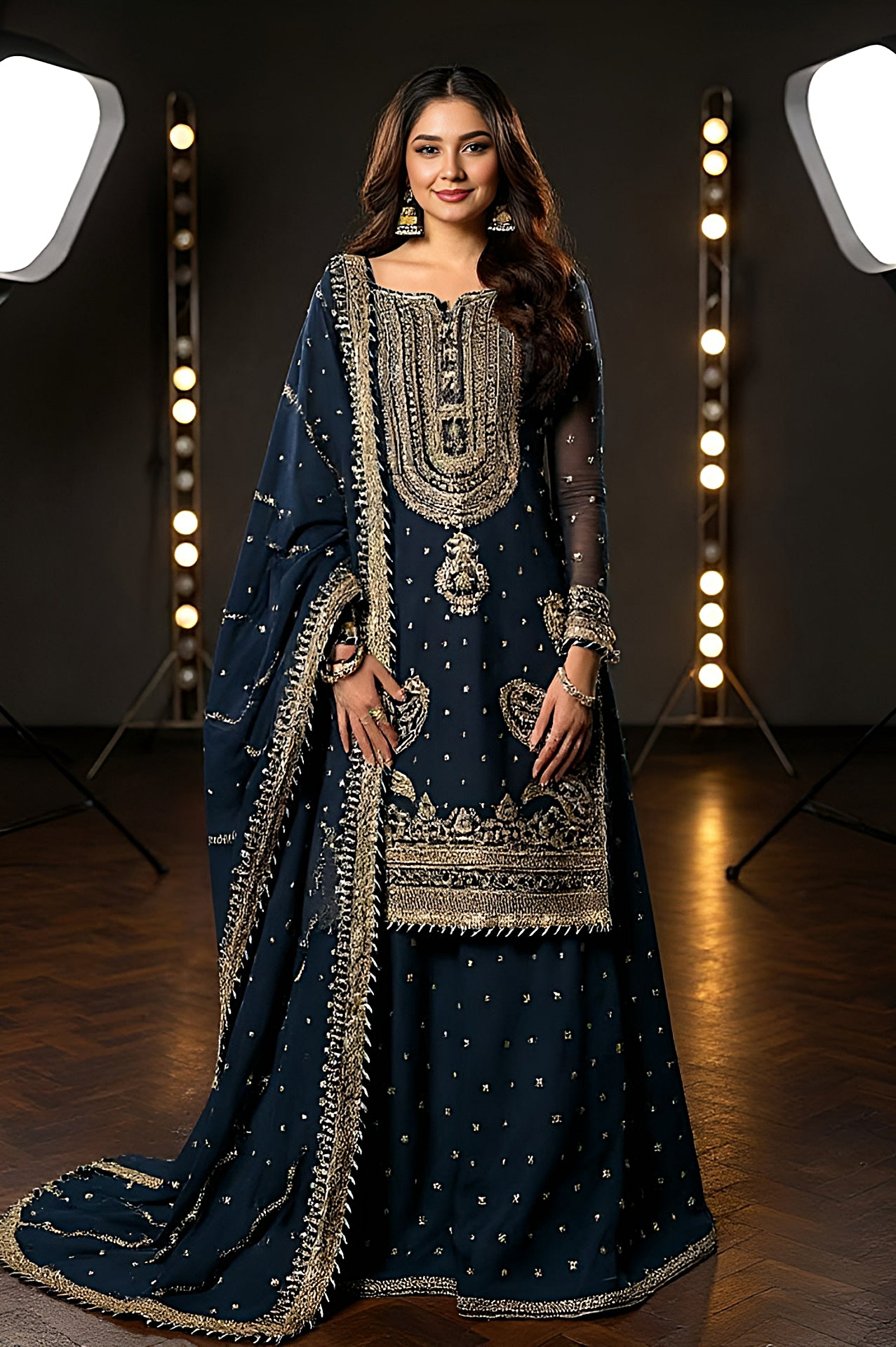 Navy Blue Embroidered Georgette Sharara Suit (Side)