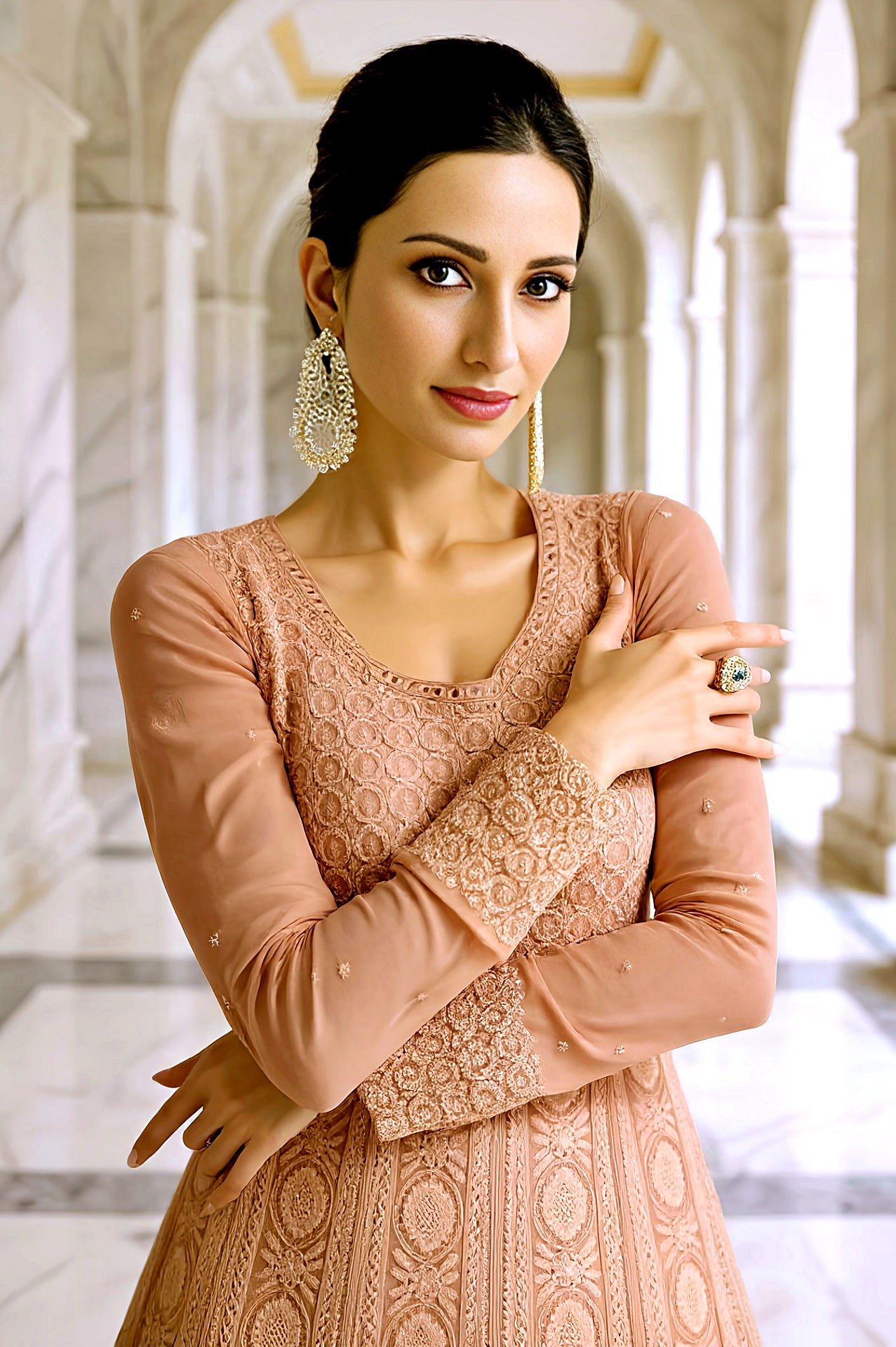 Nude Embroidered Georgette Anarkali Suit (Close up)