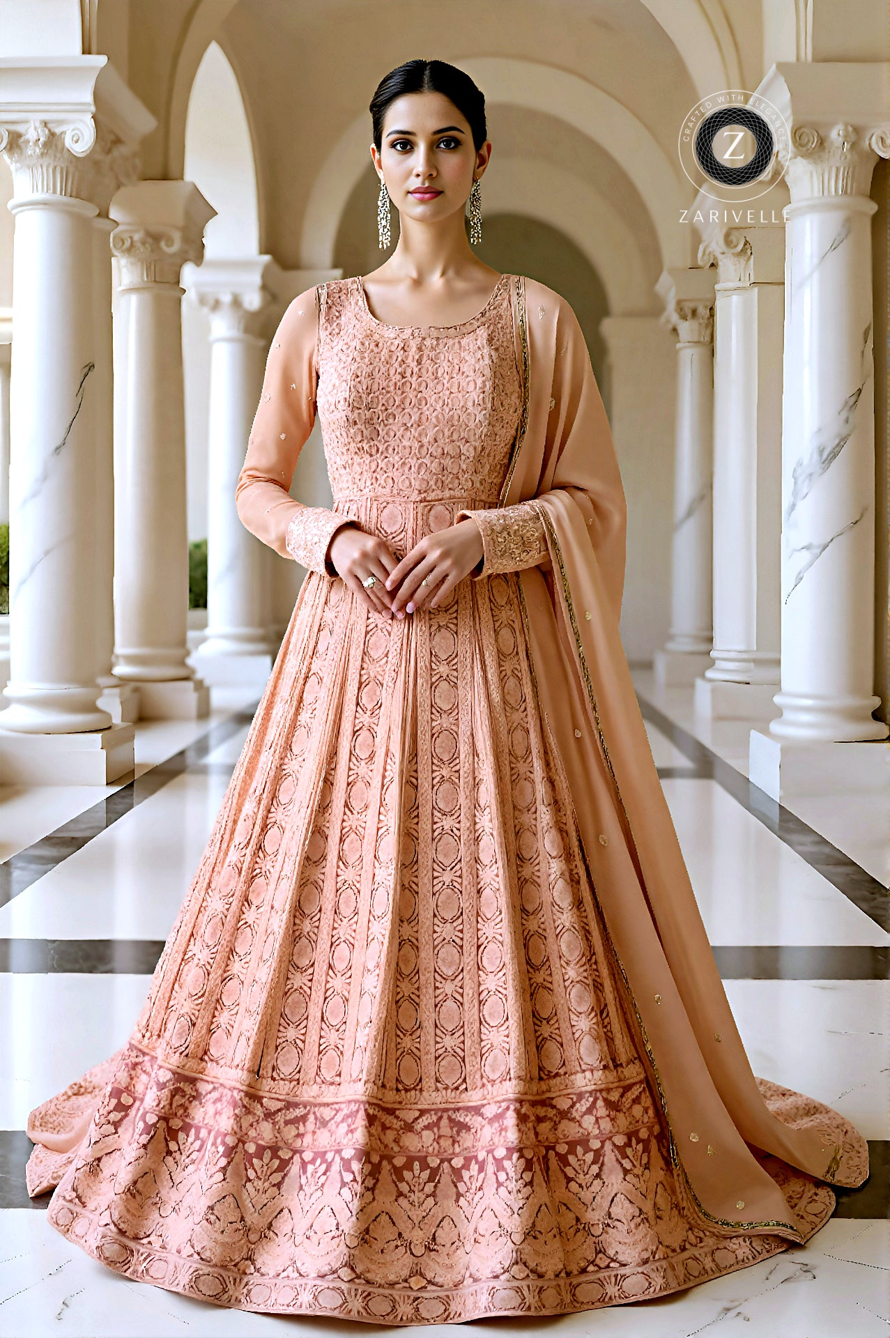 Nude Embroidered Georgette Anarkali Suit (Front)