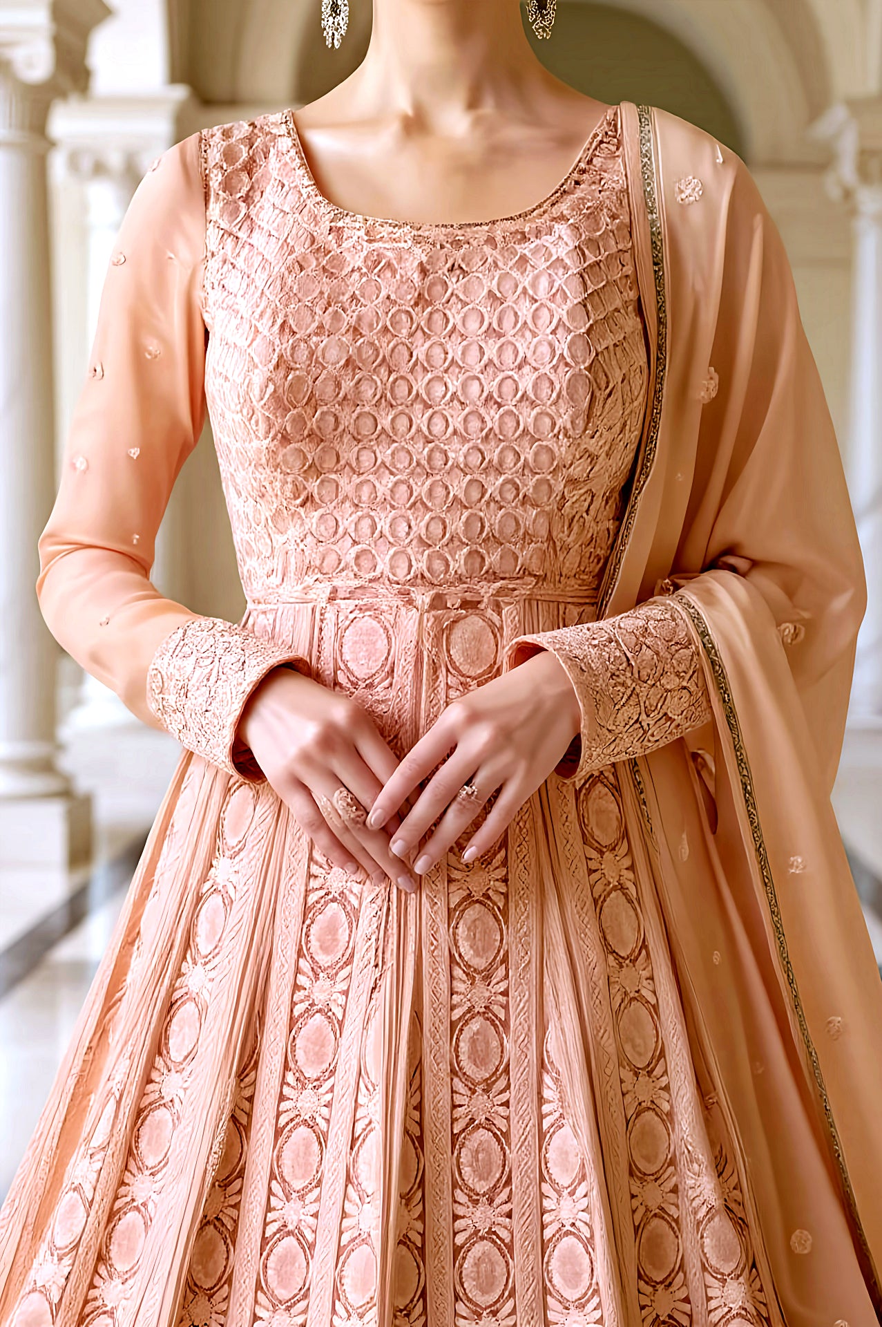 Nude Embroidered Georgette Anarkali Suit (Side)