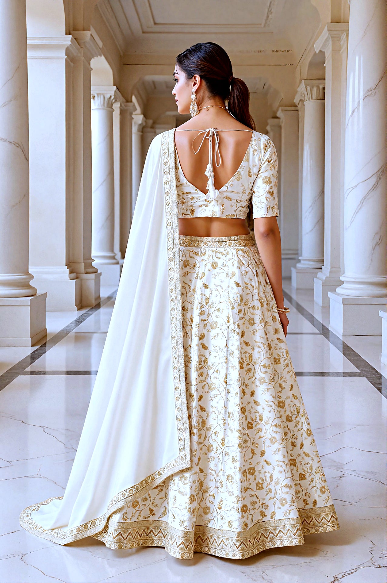 Off-White Embroidered Silk Lehenga (Back)