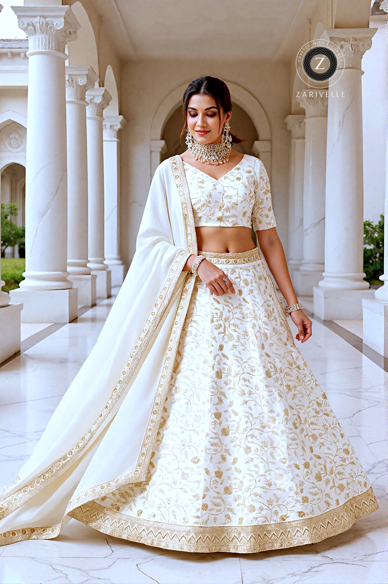 Off-White Embroidered Silk Lehenga (Front)