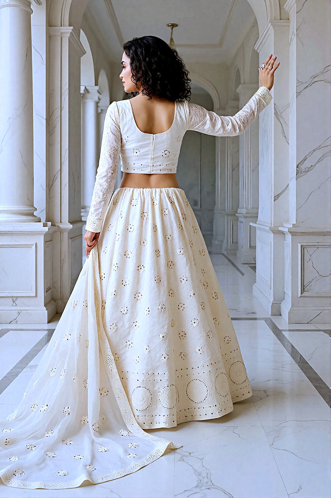 Off White Embroidered Georgette Lehenga (Back)
