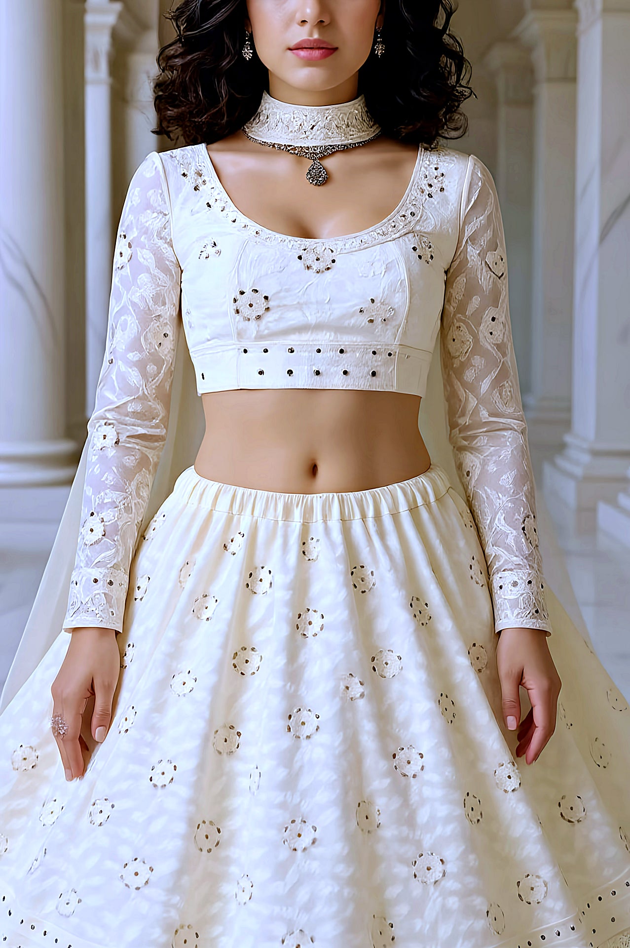 Off White Embroidered Georgette Lehenga (Close up)