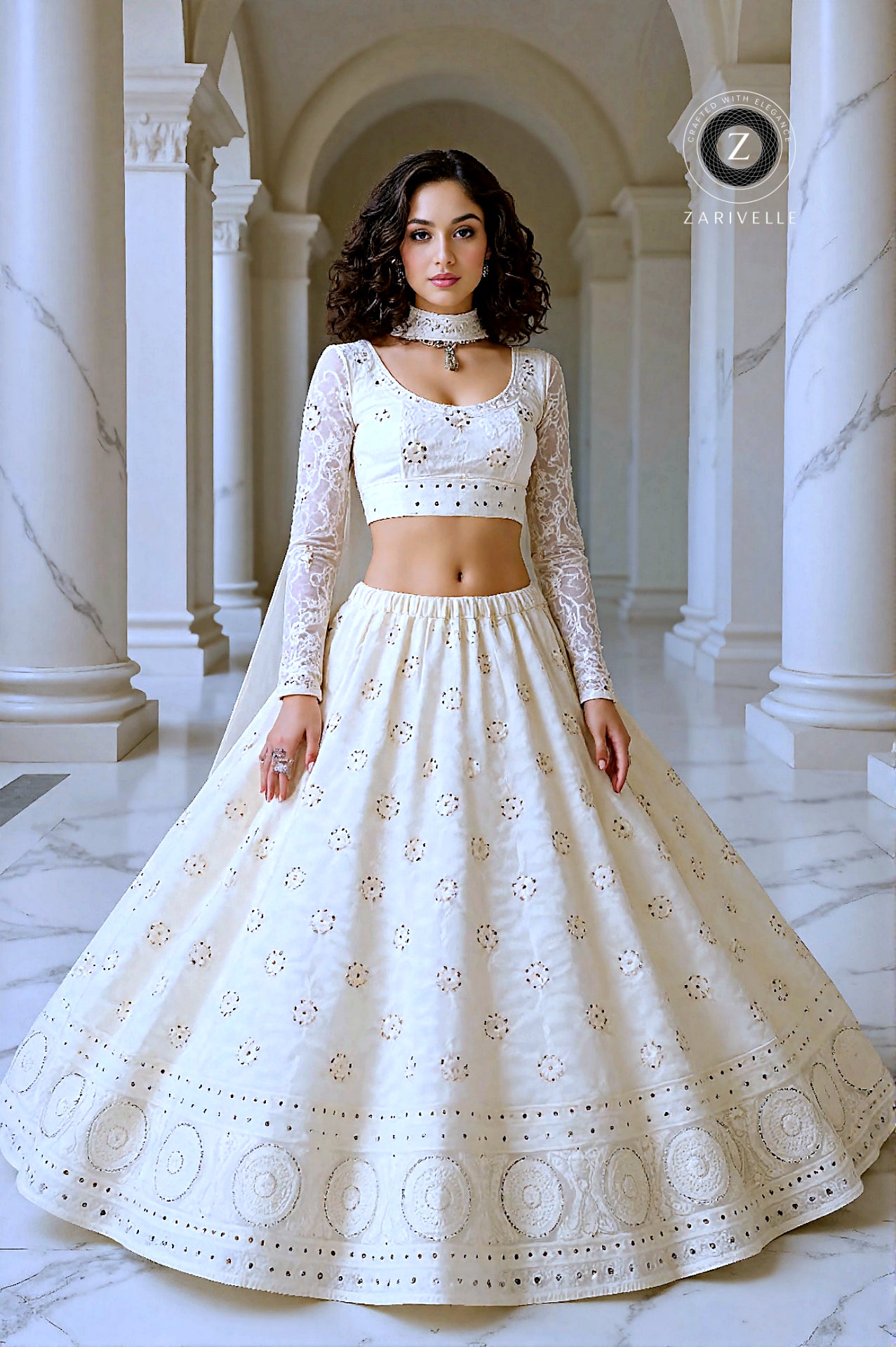 Off White Embroidered Georgette Lehenga (Front)