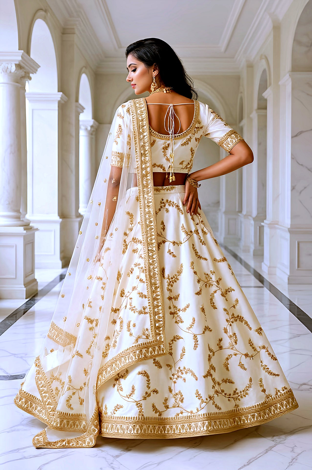 Off White Embroidered Premium Silk Lehenga (Back)