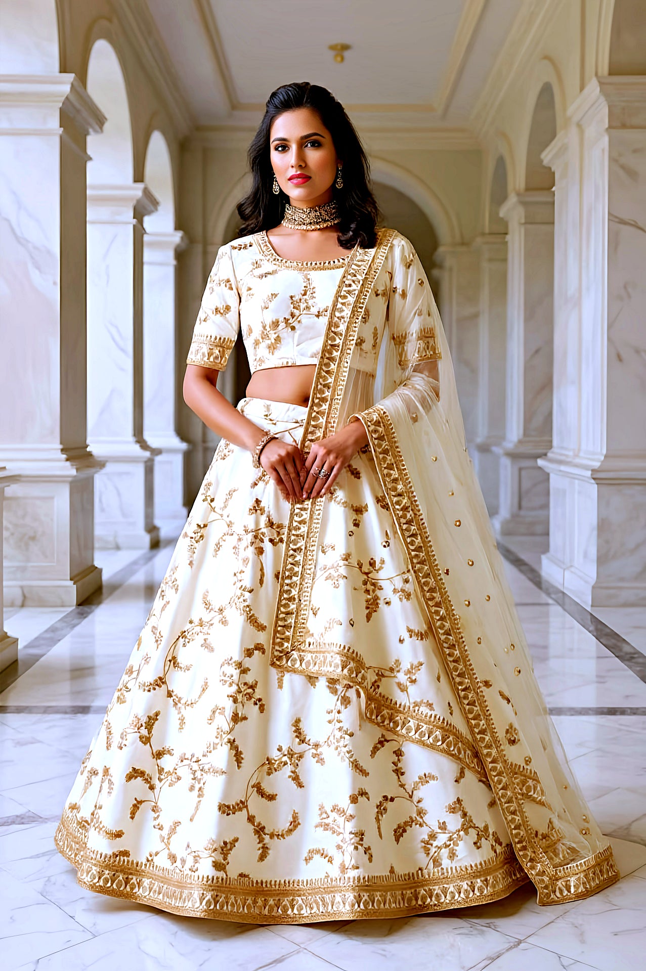 Off White Embroidered Premium Silk Lehenga (Side)