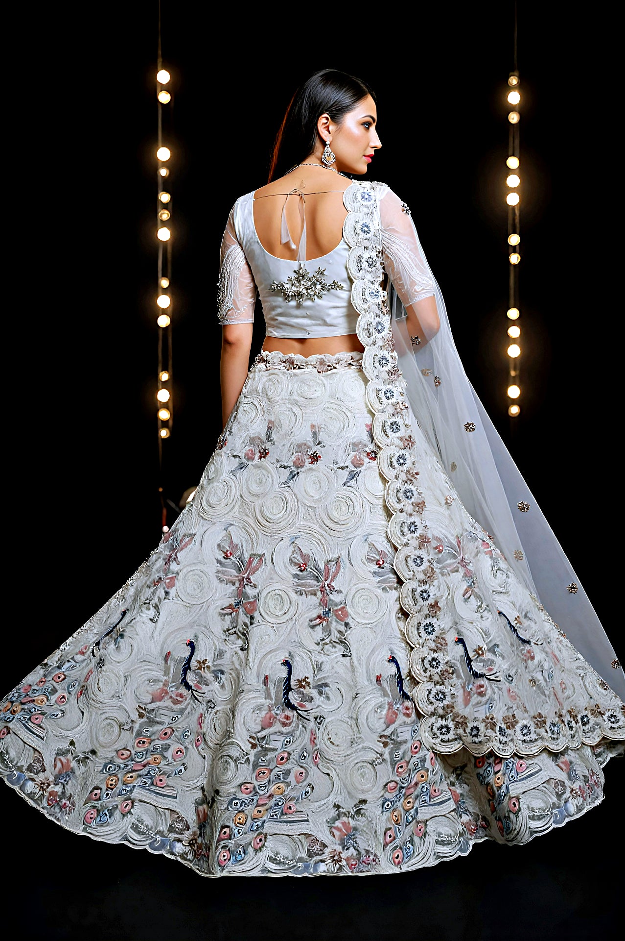 Off White Embroidered Premium Soft Net Lehenga (Back)