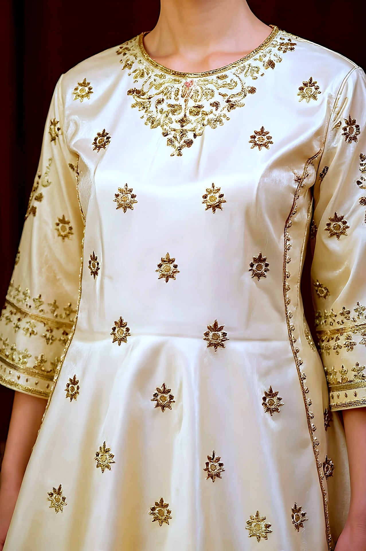 Off White Embroidered Silk Palazzo Suit (Close up)
