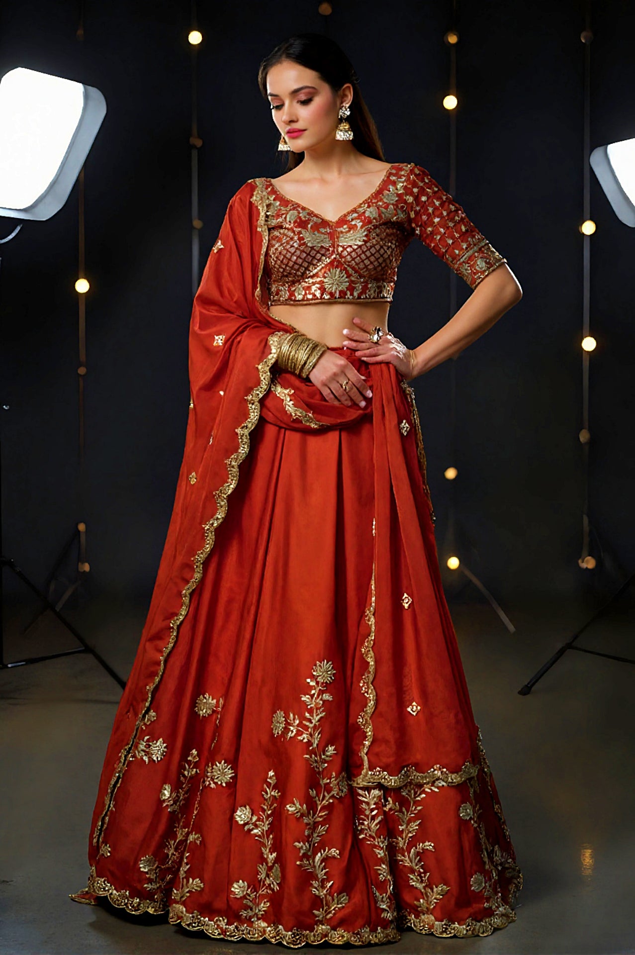 Orange Embroidered Silk Lehenga (Front)