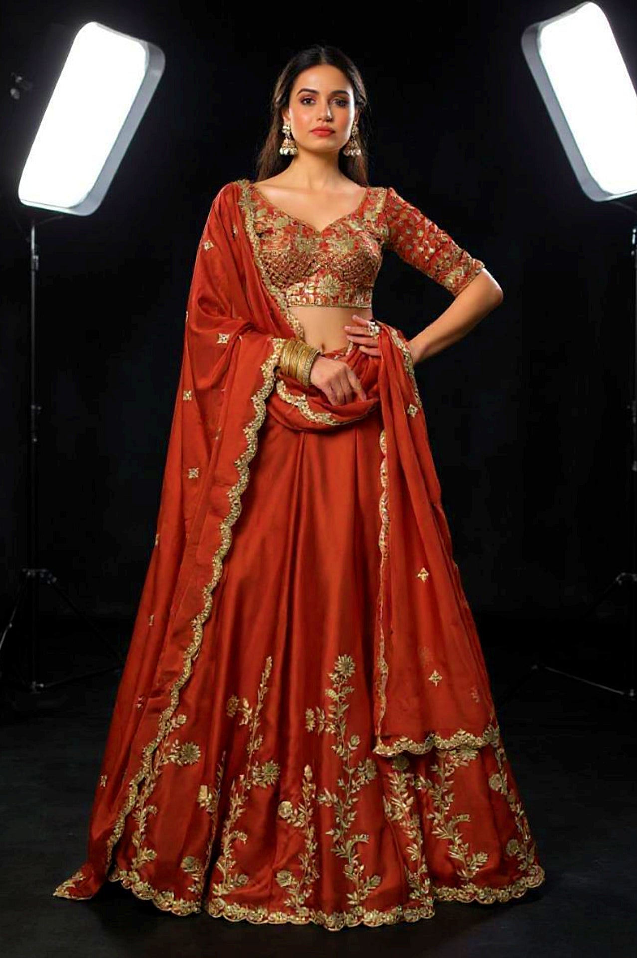 Orange Embroidered Silk Lehenga (Side)