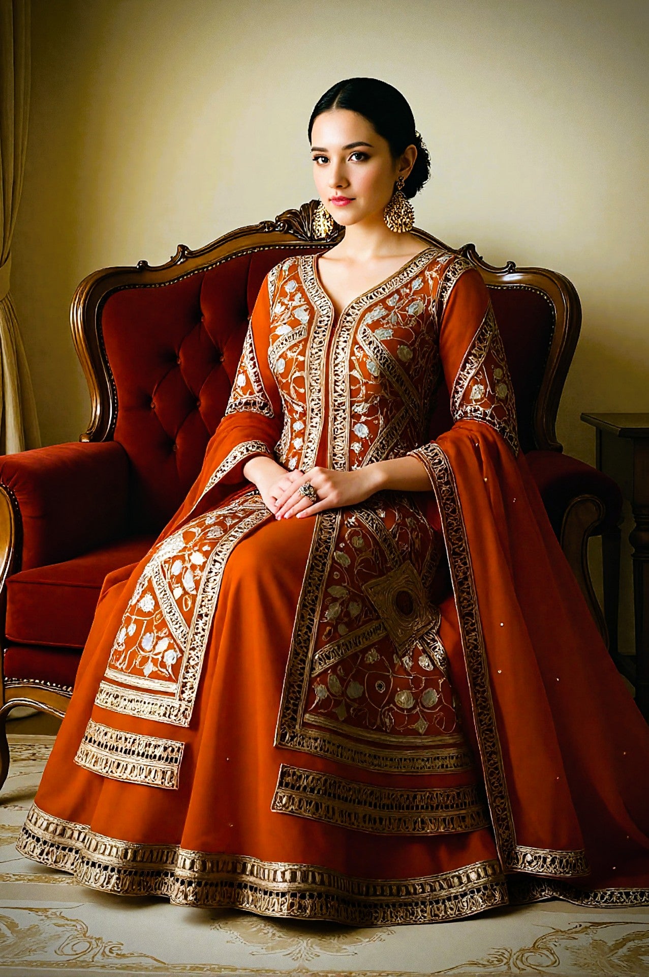 Orange Silk Embroidered Anarkali Suit (Sitting View)