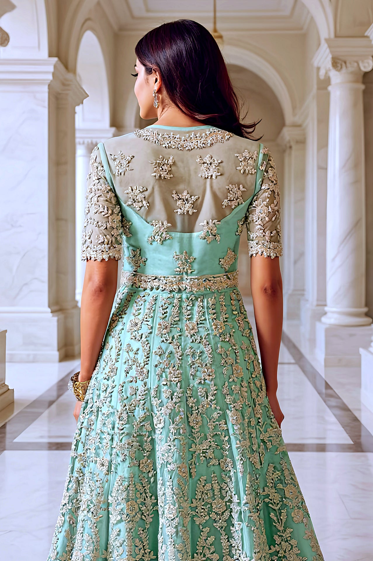 Pastel Aqua Blue Embroidered Net Sharara Suit (Back)