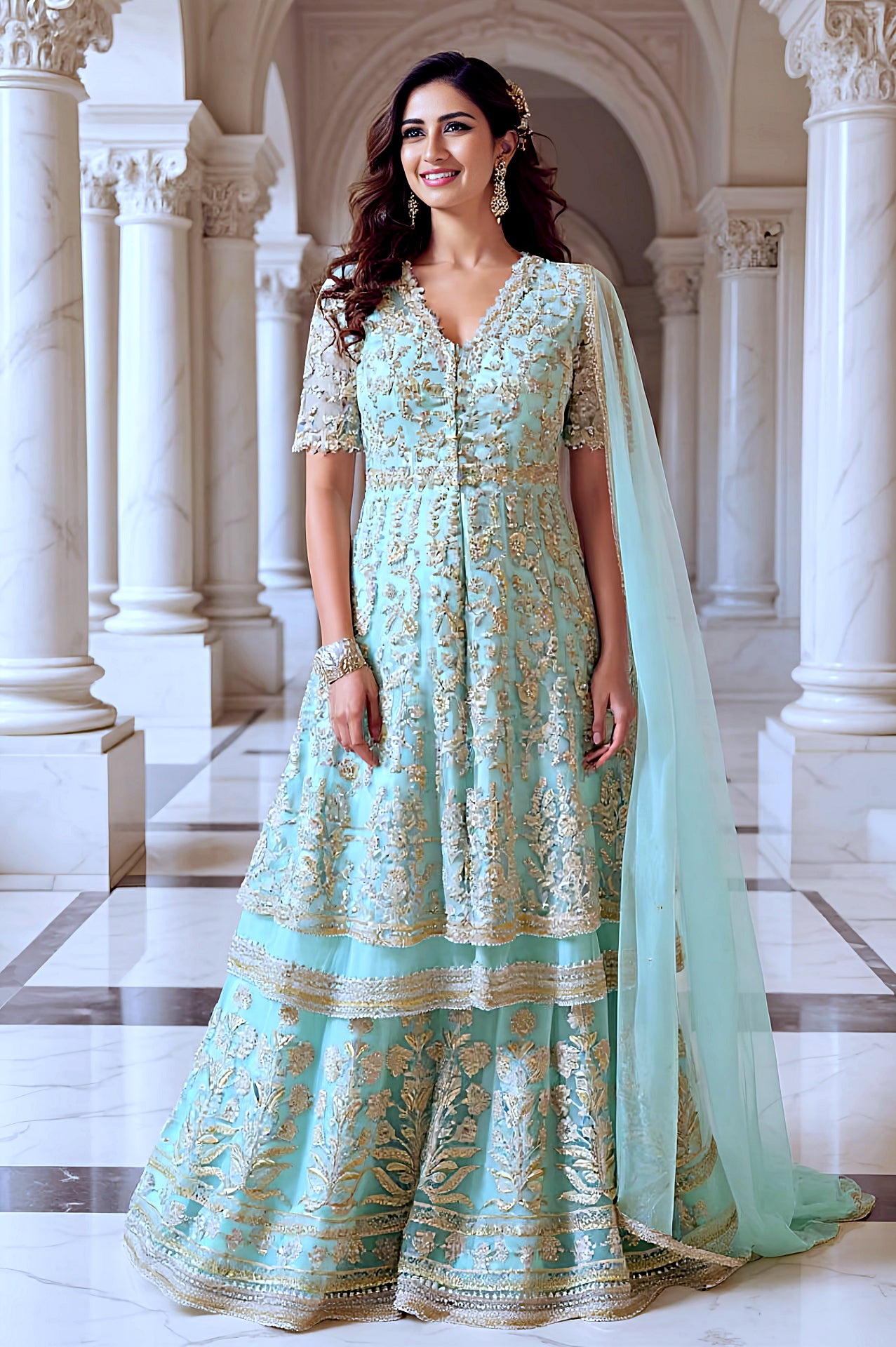 Pastel Aqua Blue Embroidered Net Sharara Suit (Front)
