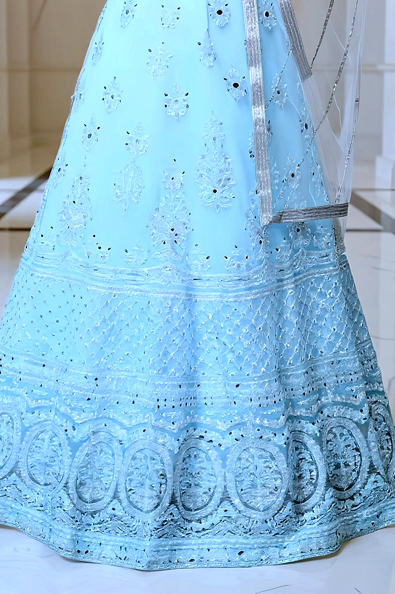 Pastel Blue Embroidered Premium Net Anarkali Suit (Close up)