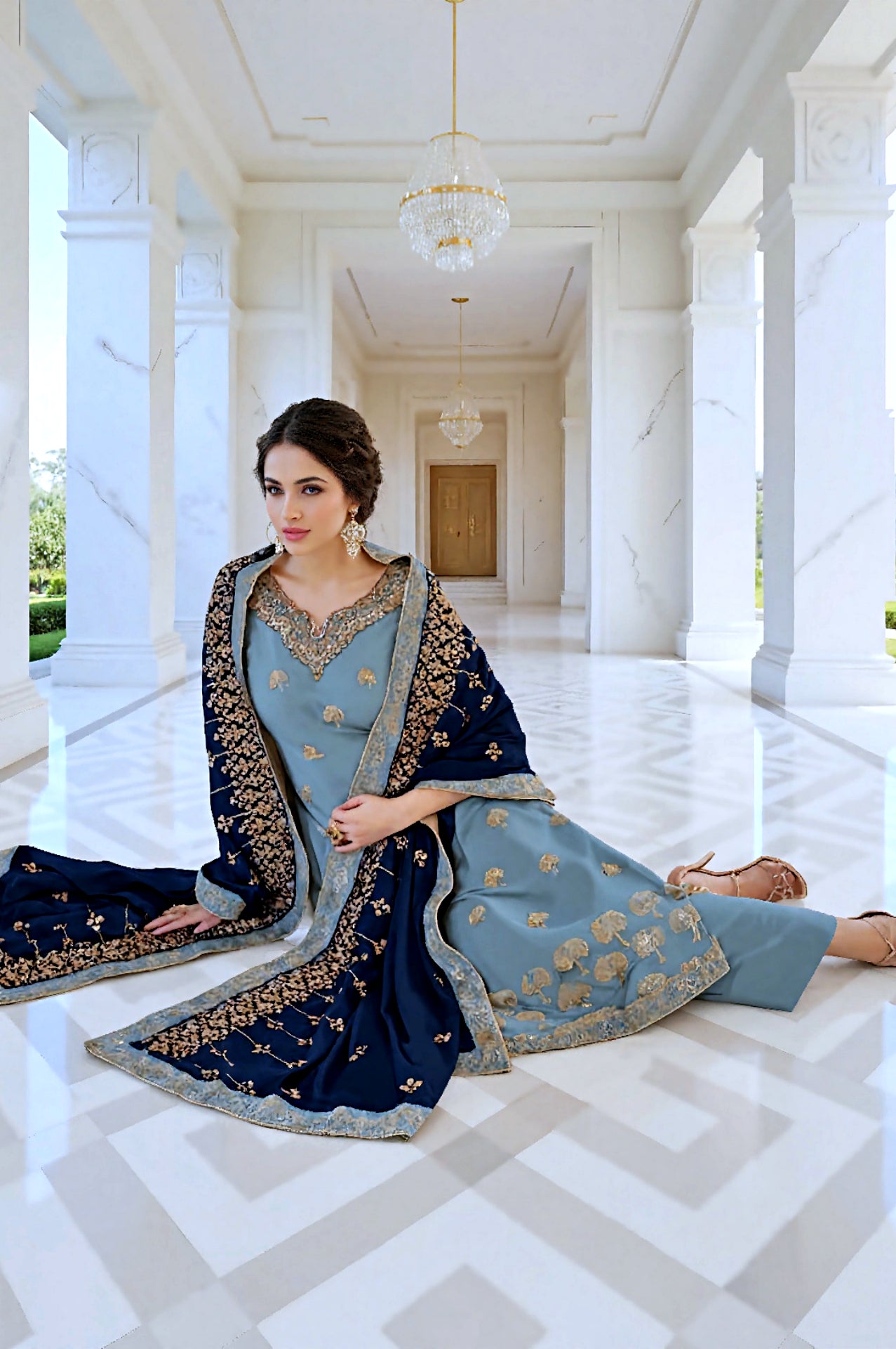 Pastel Blue Embroidered Silk Straight Suit (Sit3)