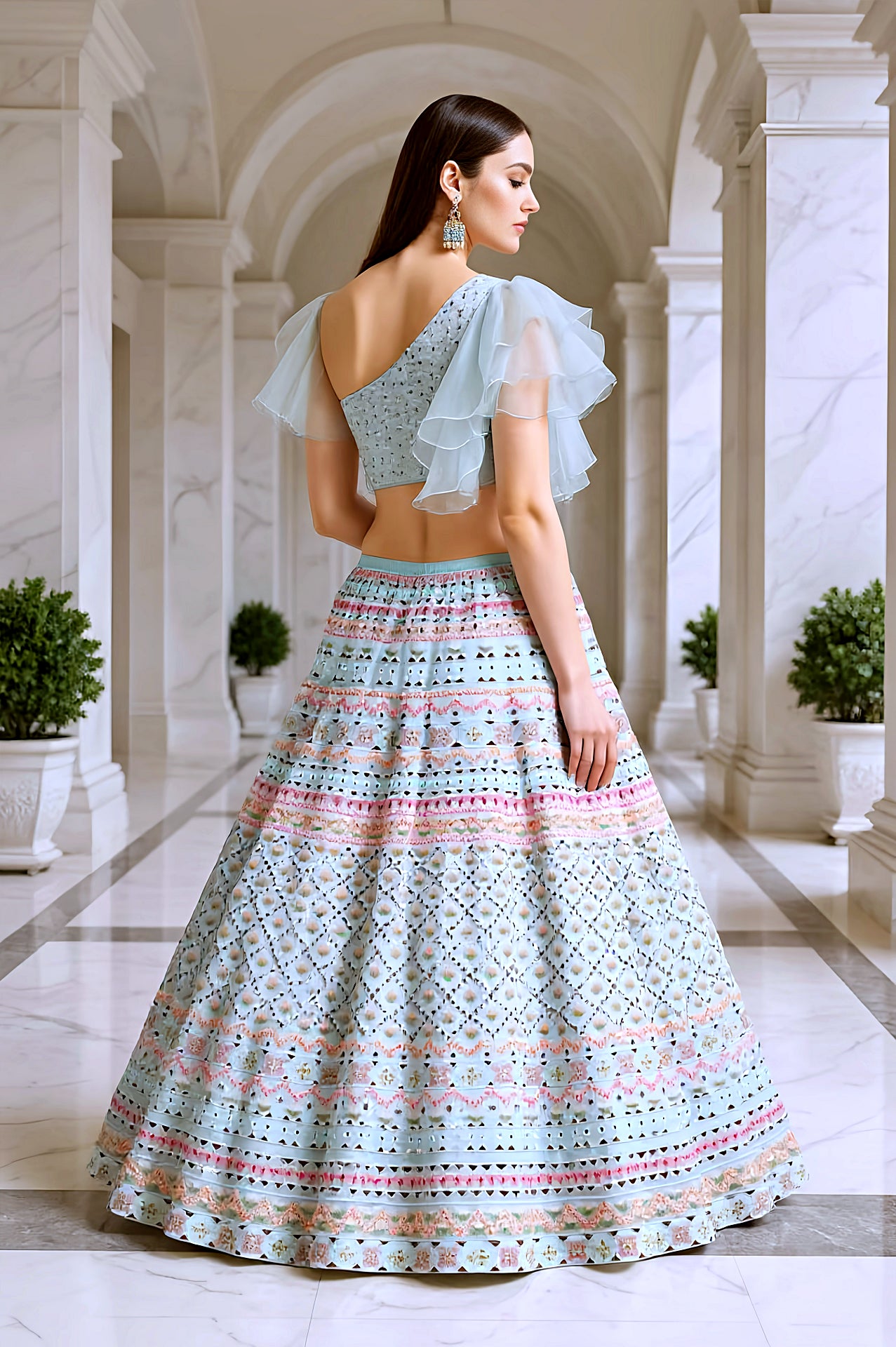 Pastel Green Embroidered Organza Lehenga (Back)