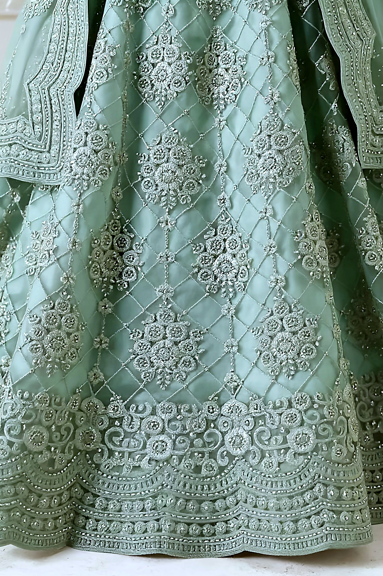 Pastel Green Embroidered Premium Net Lehenga (Close up)