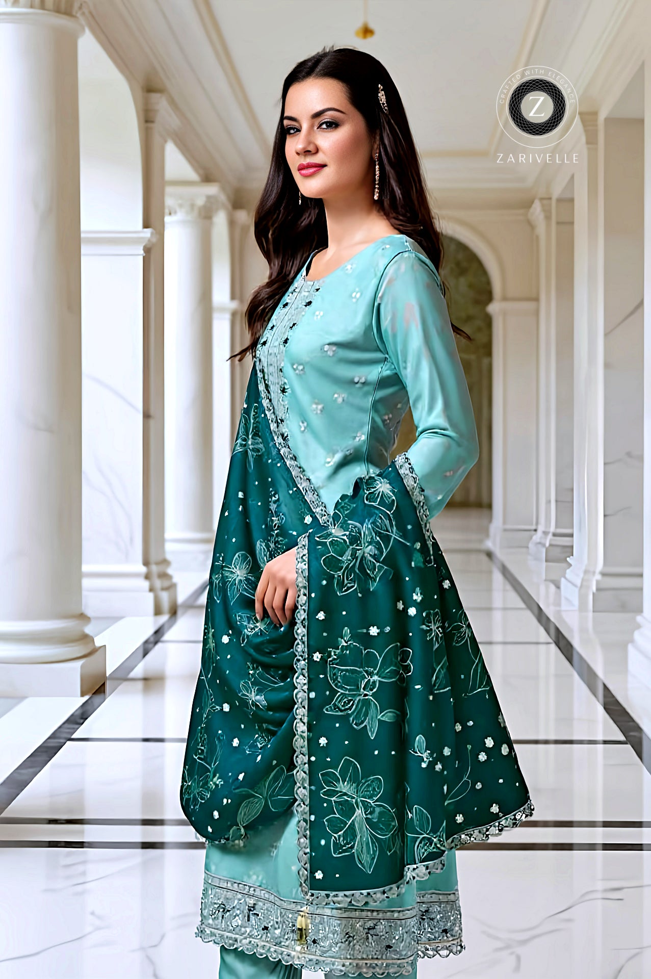 Pastel Green Embroidered Velvet Straight Suit (Side)