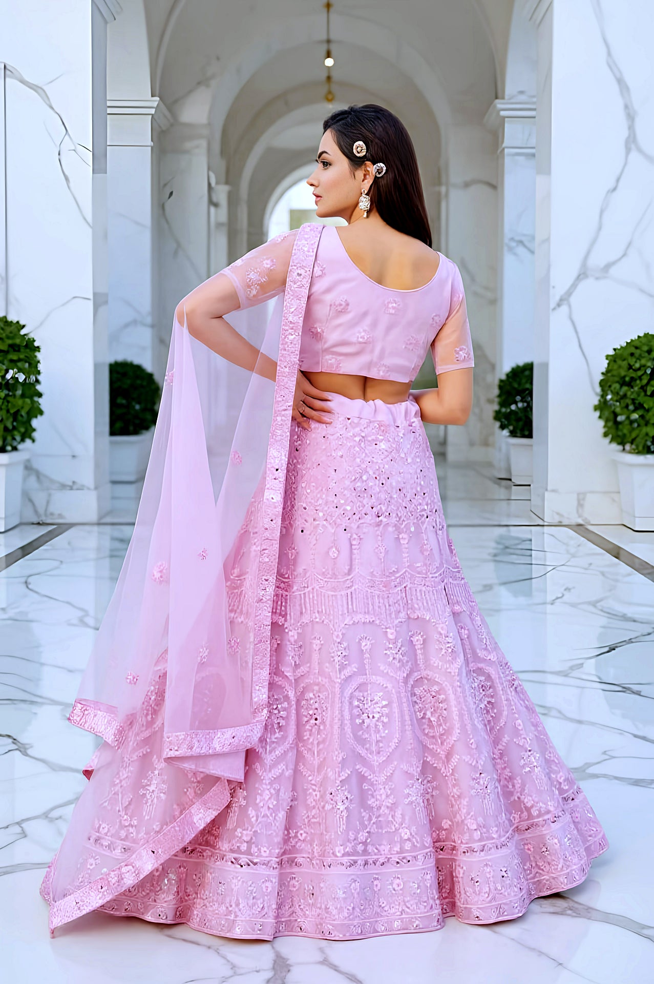 Pastel Pink Embroidered Net Lehenga (Back)