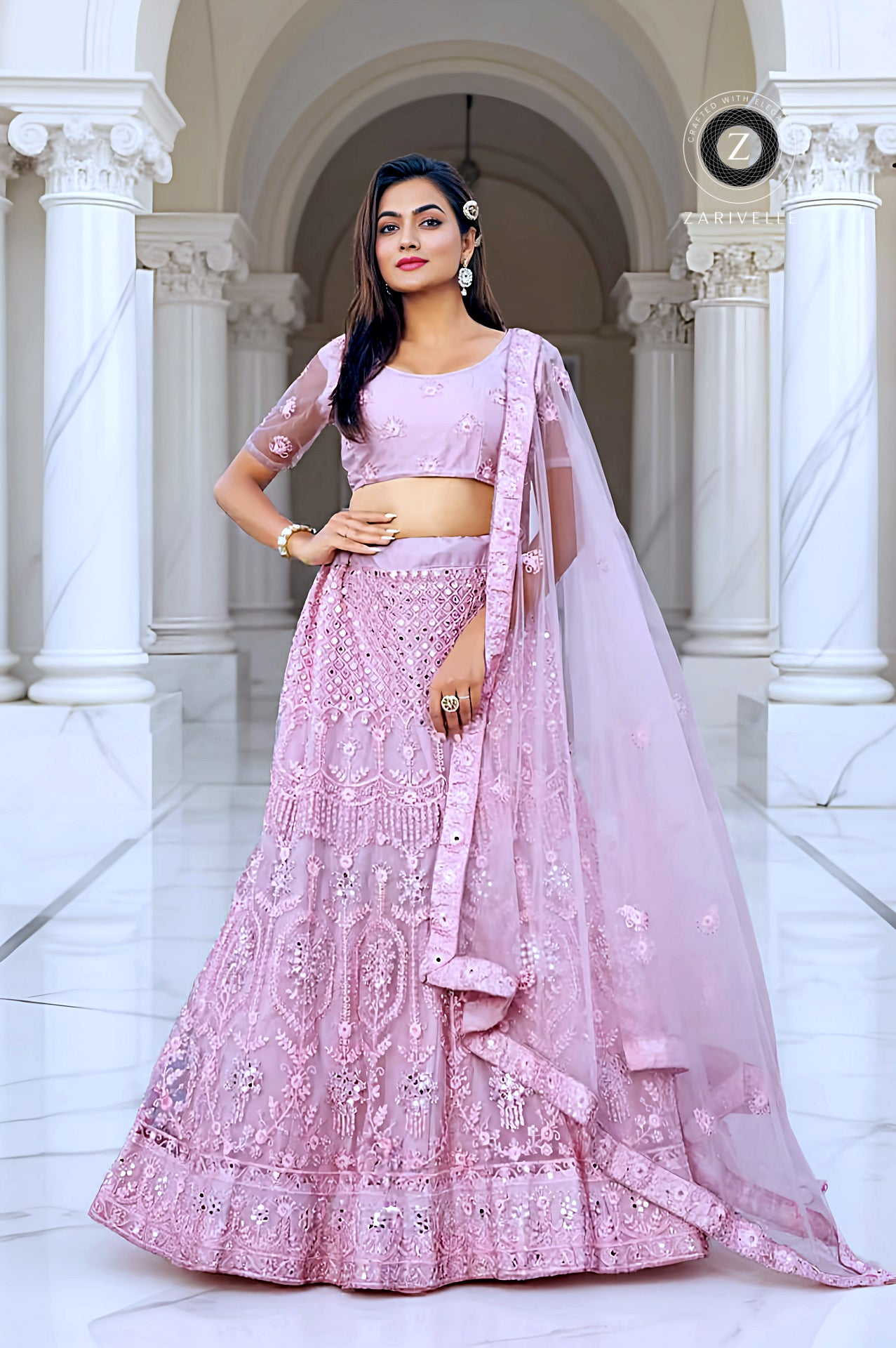 Pastel Pink Embroidered Net Lehenga (Front)