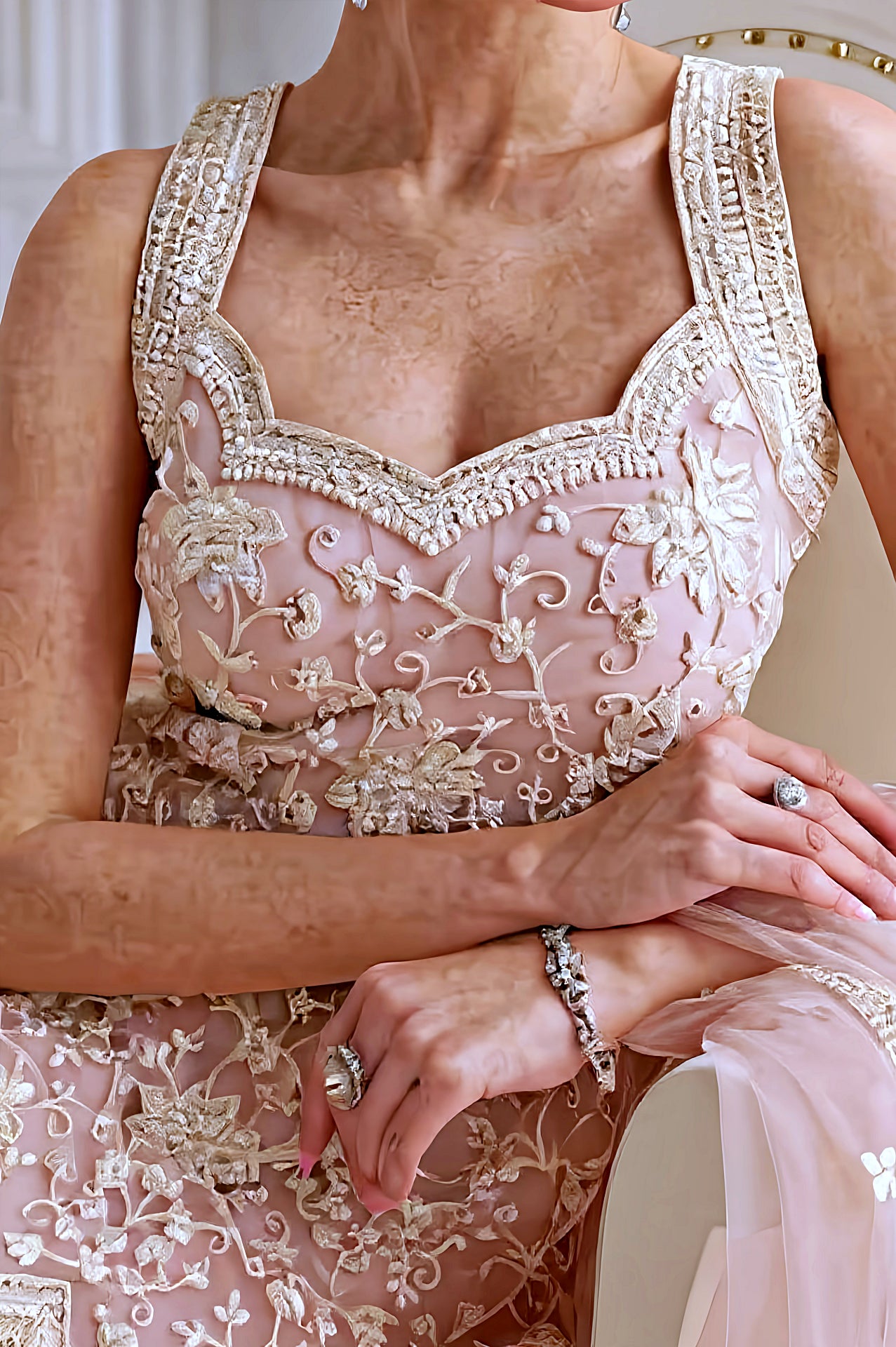 Pastel Pink Embroidered Premium Net Palazzo Suit (Close up)
