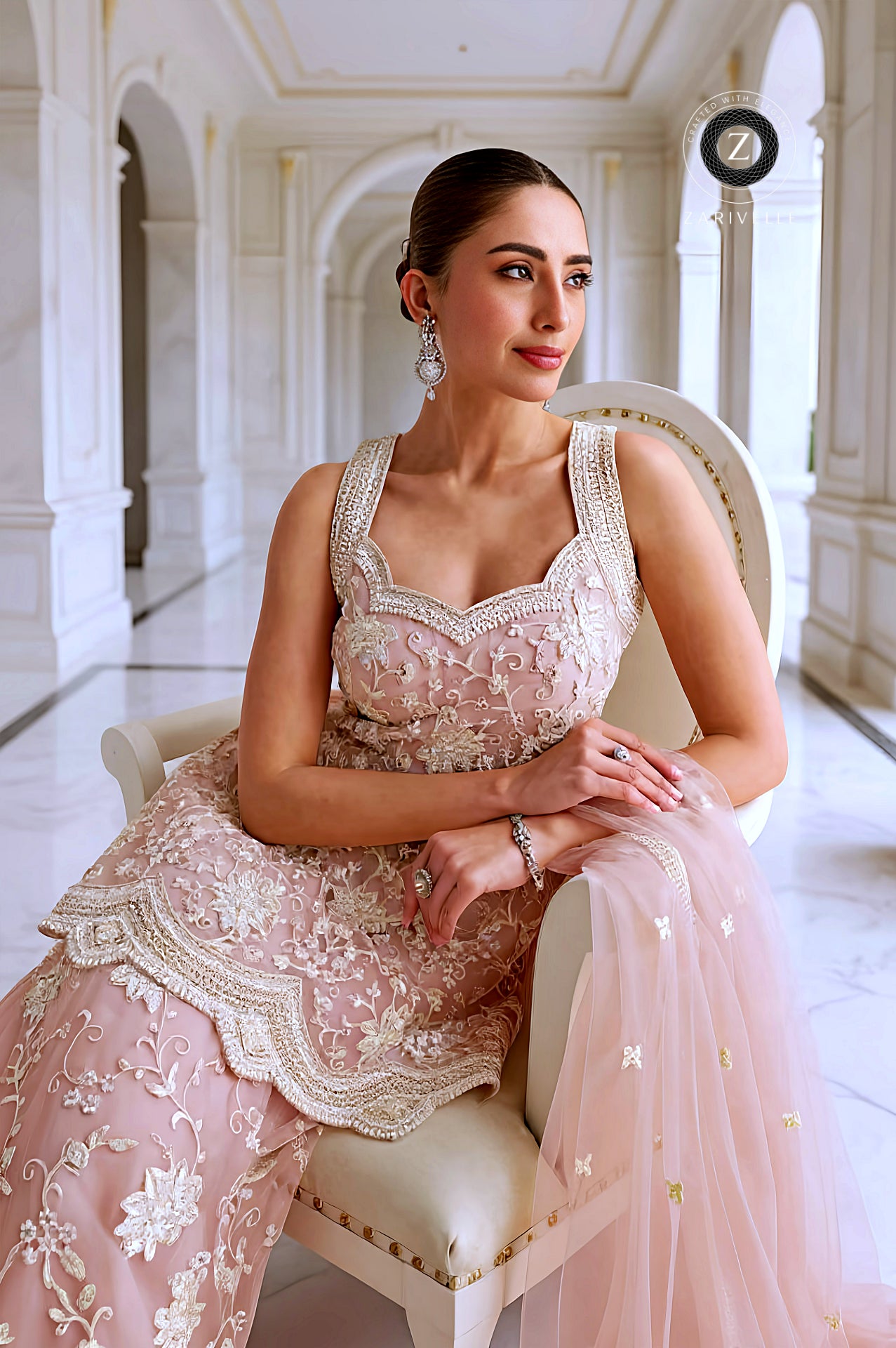 Pastel Pink Embroidered Premium Net Palazzo Suit (Front)