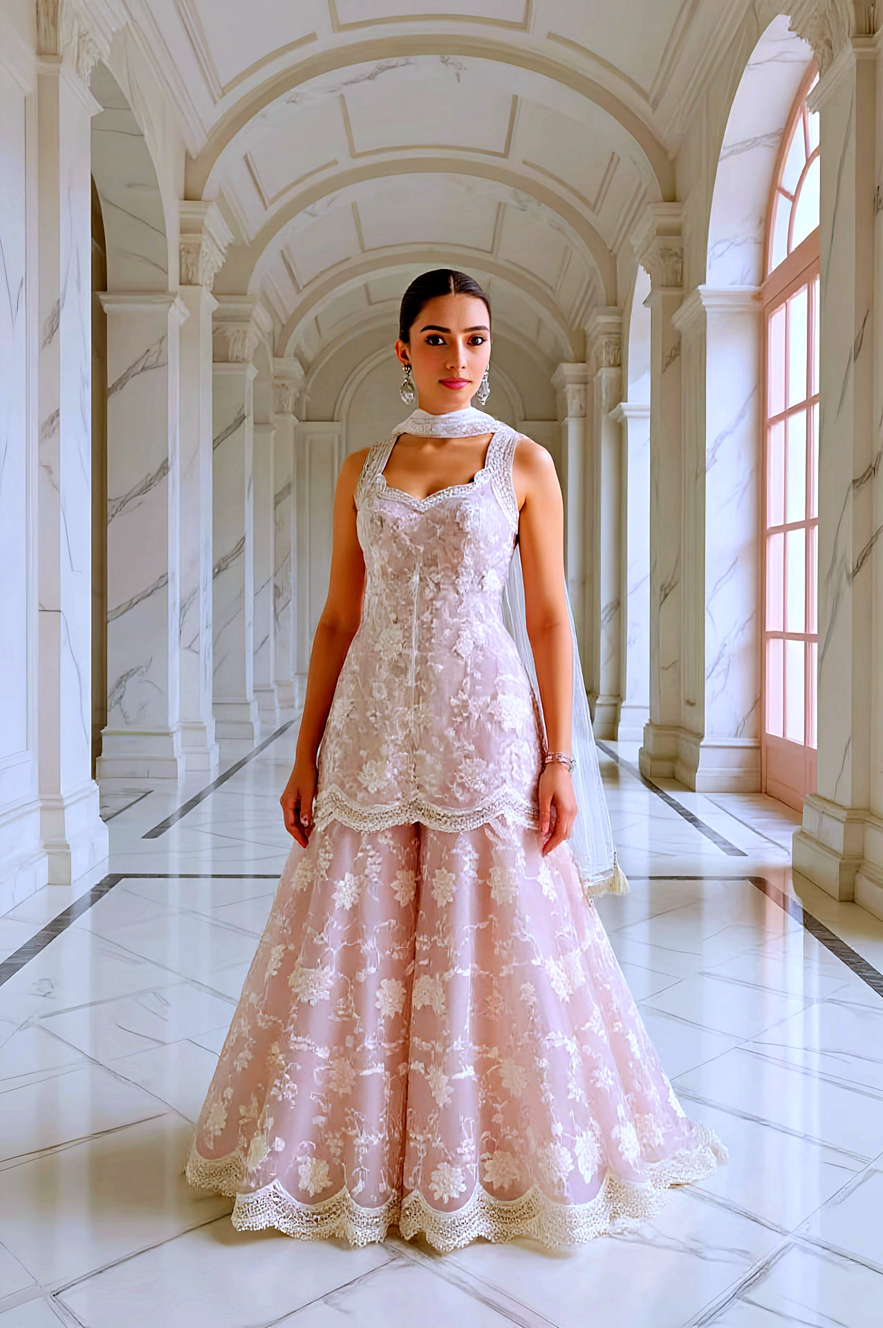 Pastel Pink Embroidered Premium Net Palazzo Suit (Full)