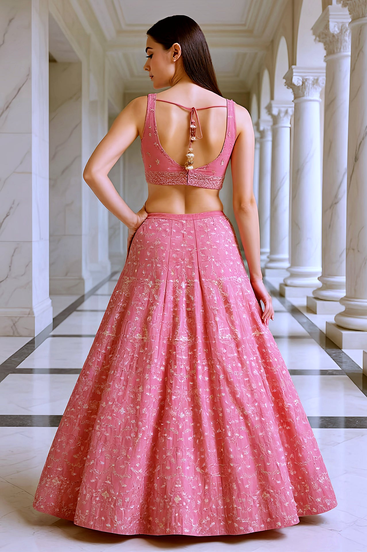 Pastel Pink Embroidered Silk Lehenga (Back)