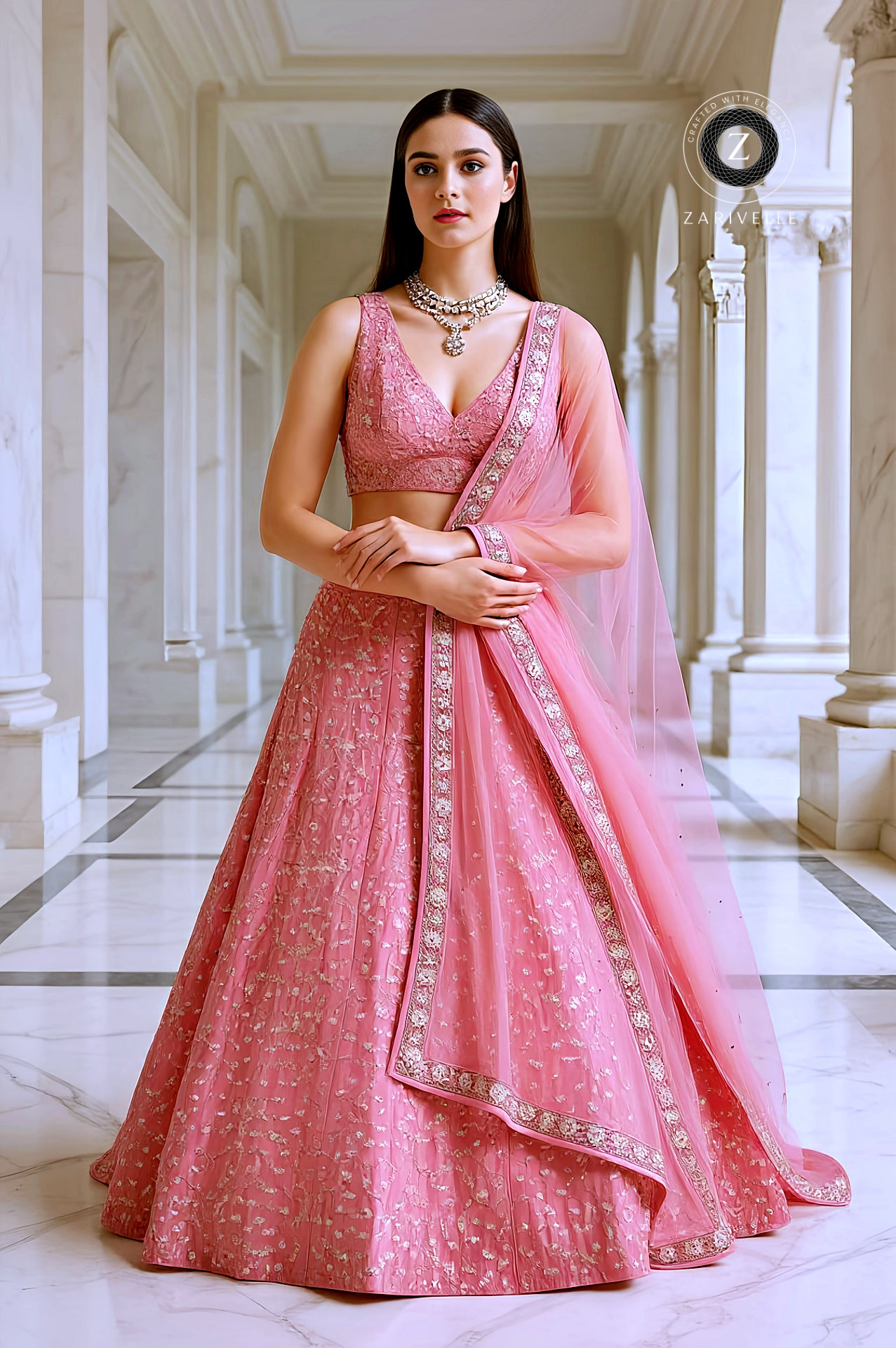 Pastel Pink Embroidered Silk Lehenga (Front)