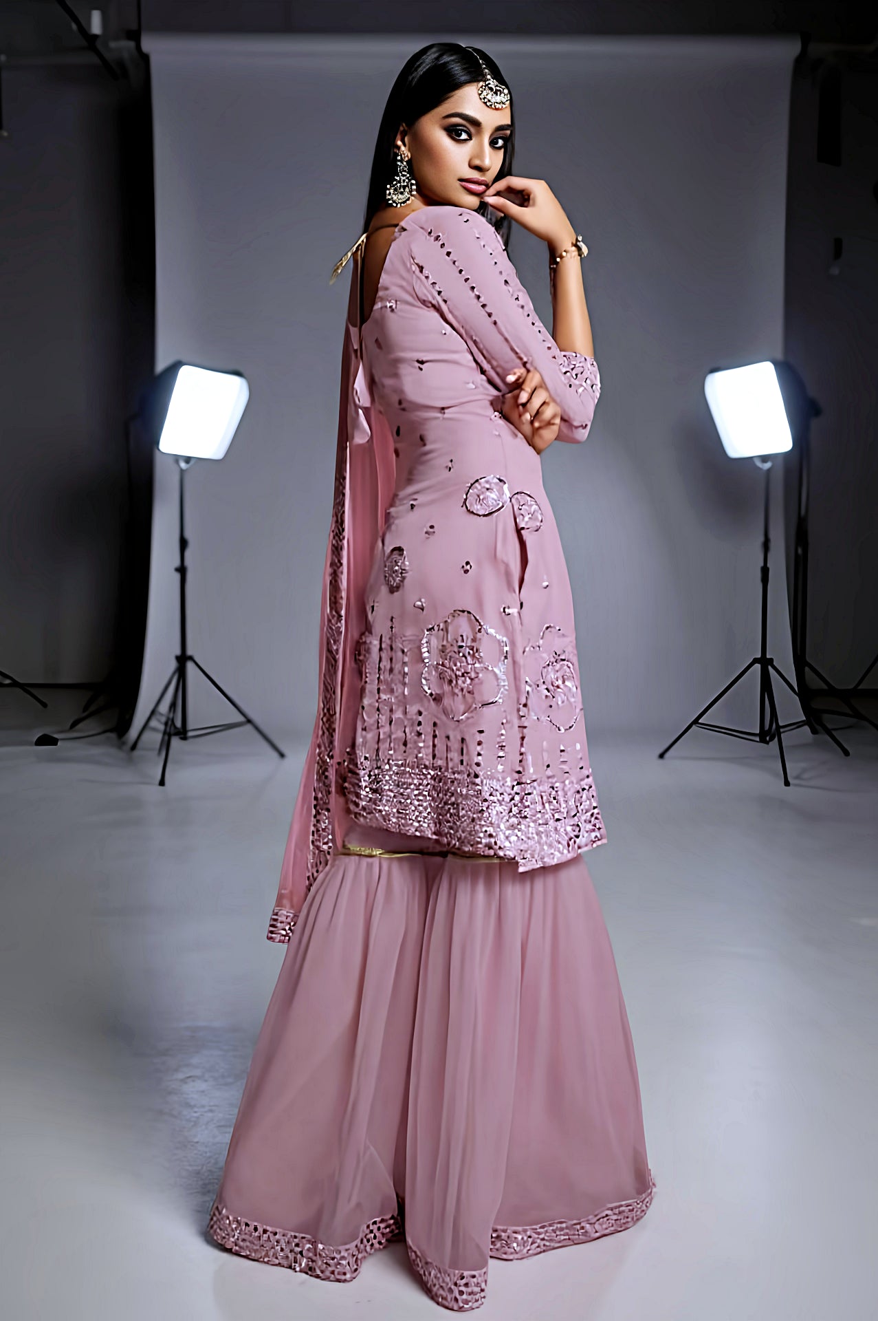 Pink Embroidered Organza Sharara Suit (Back)