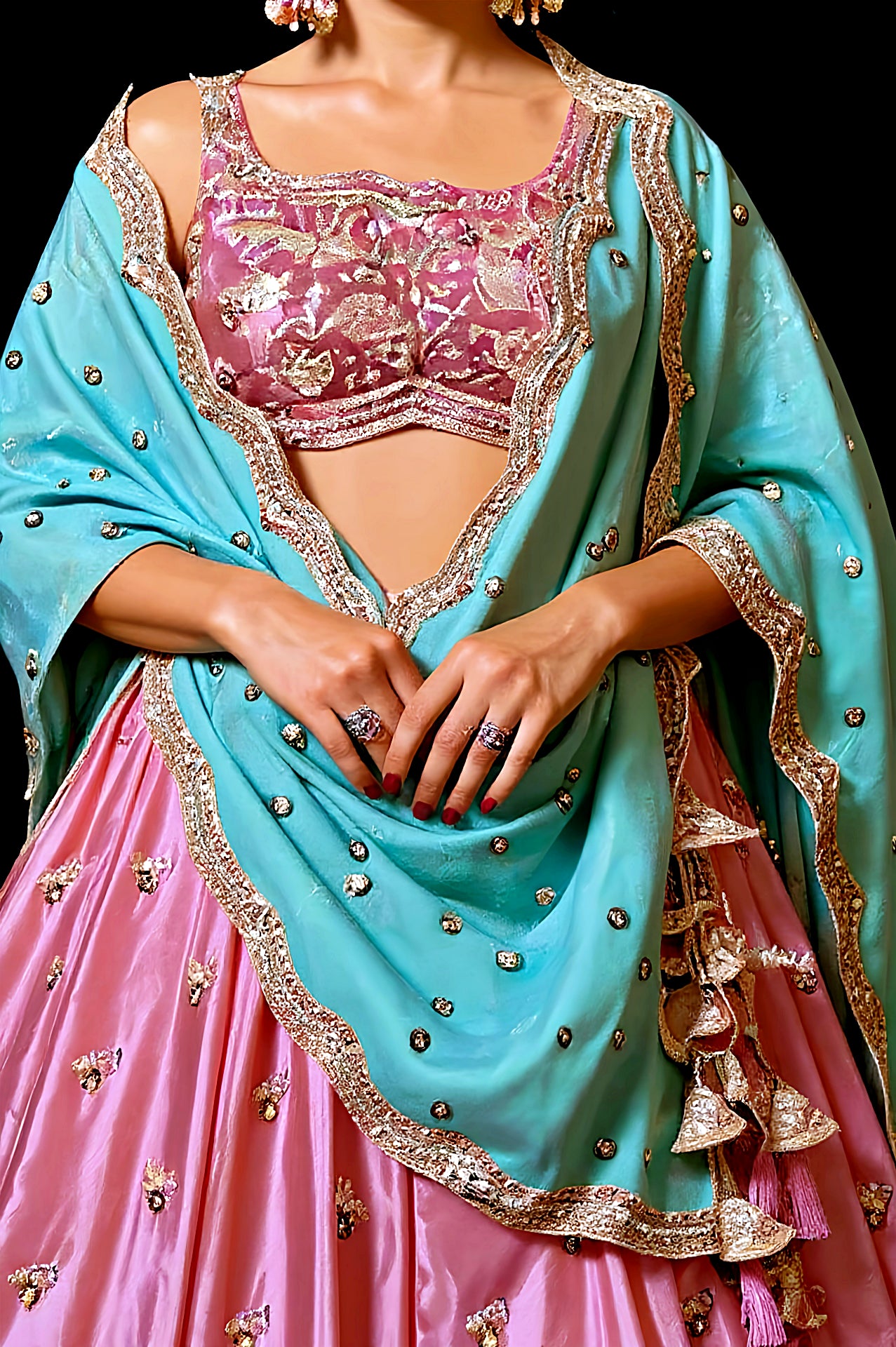 Pink Embroidered Silk Lehenga (Close up)