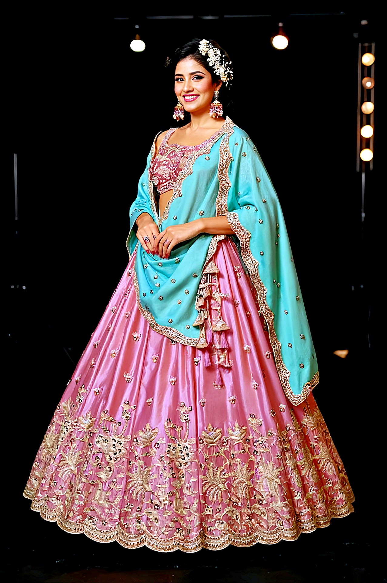 Pink Embroidered Silk Lehenga (Side)