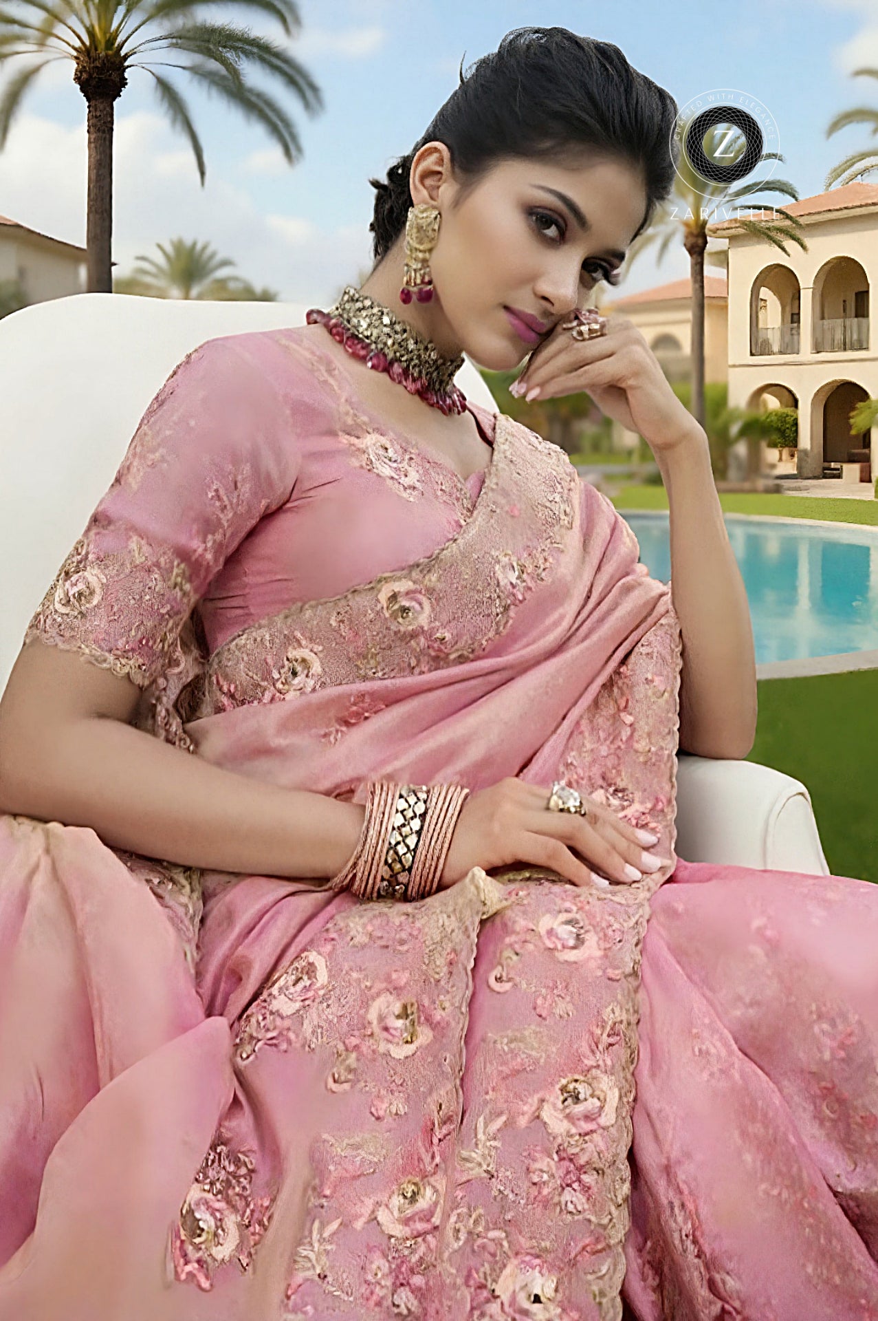 Pink Embroidered Silk Saree (Sitting)