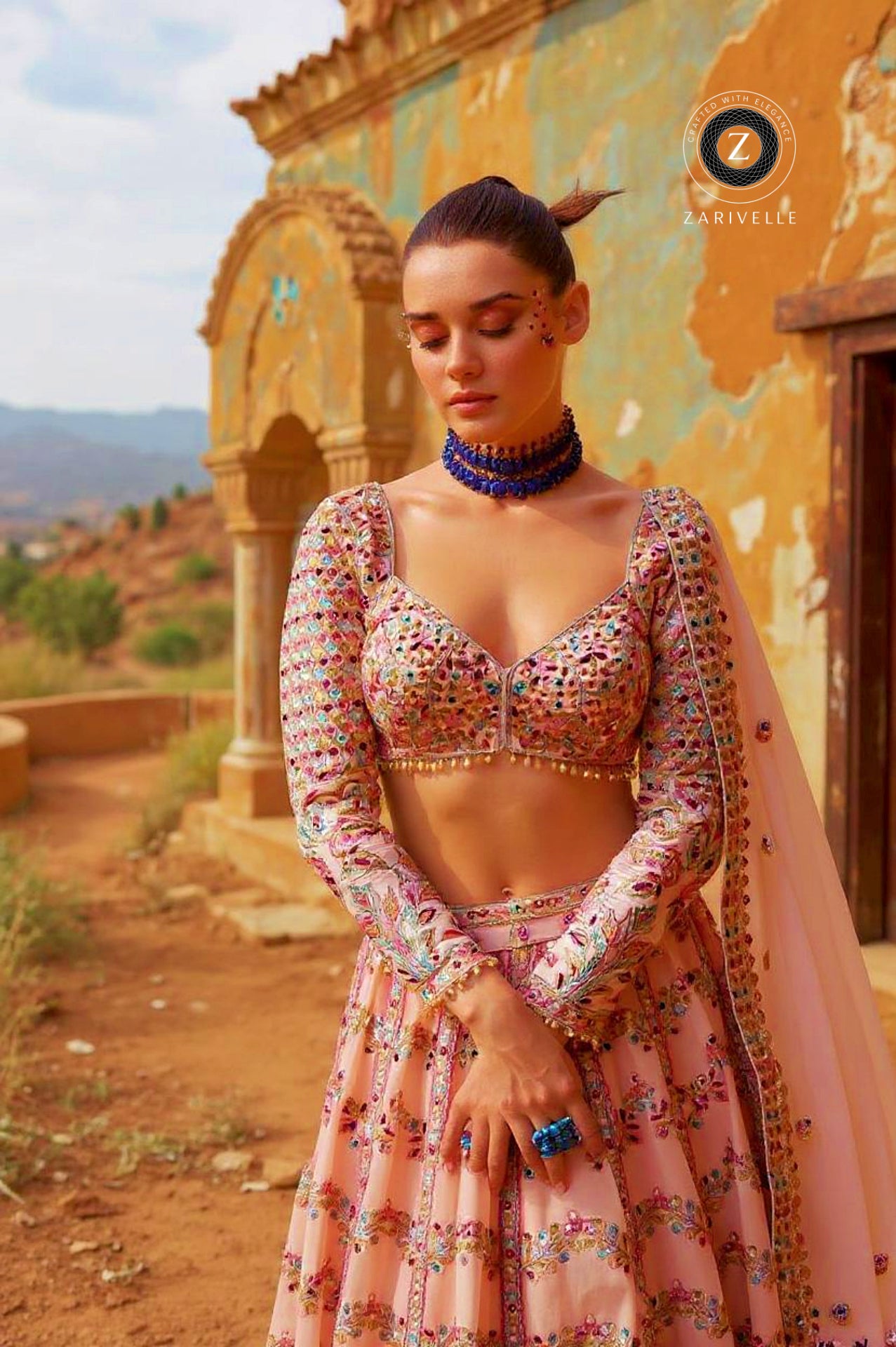 Pink Heavy Embroidered Georgette Lehenga (Closeup View)