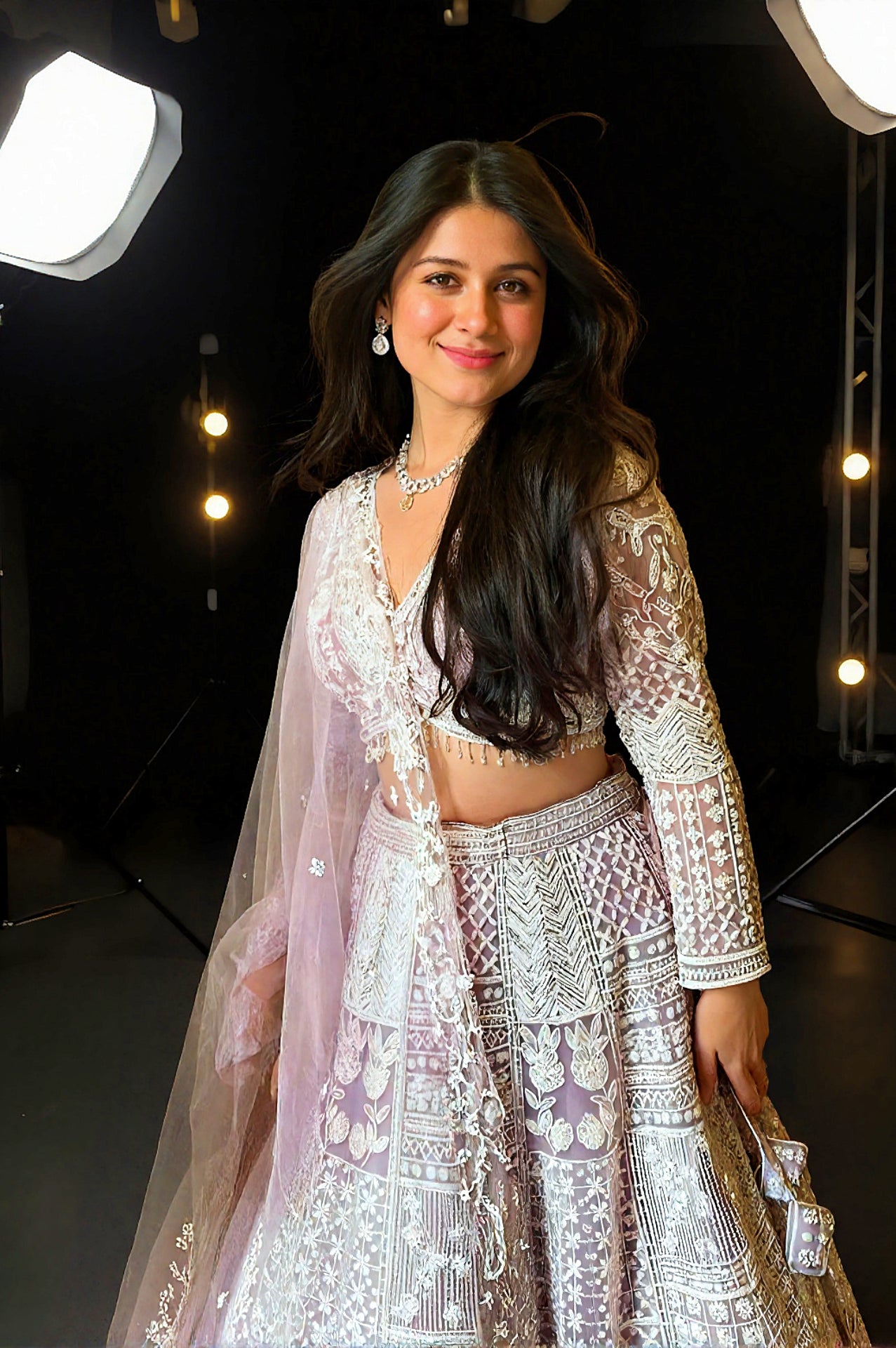 Pink Heavy Embroidered Net Lehenga (Side view)