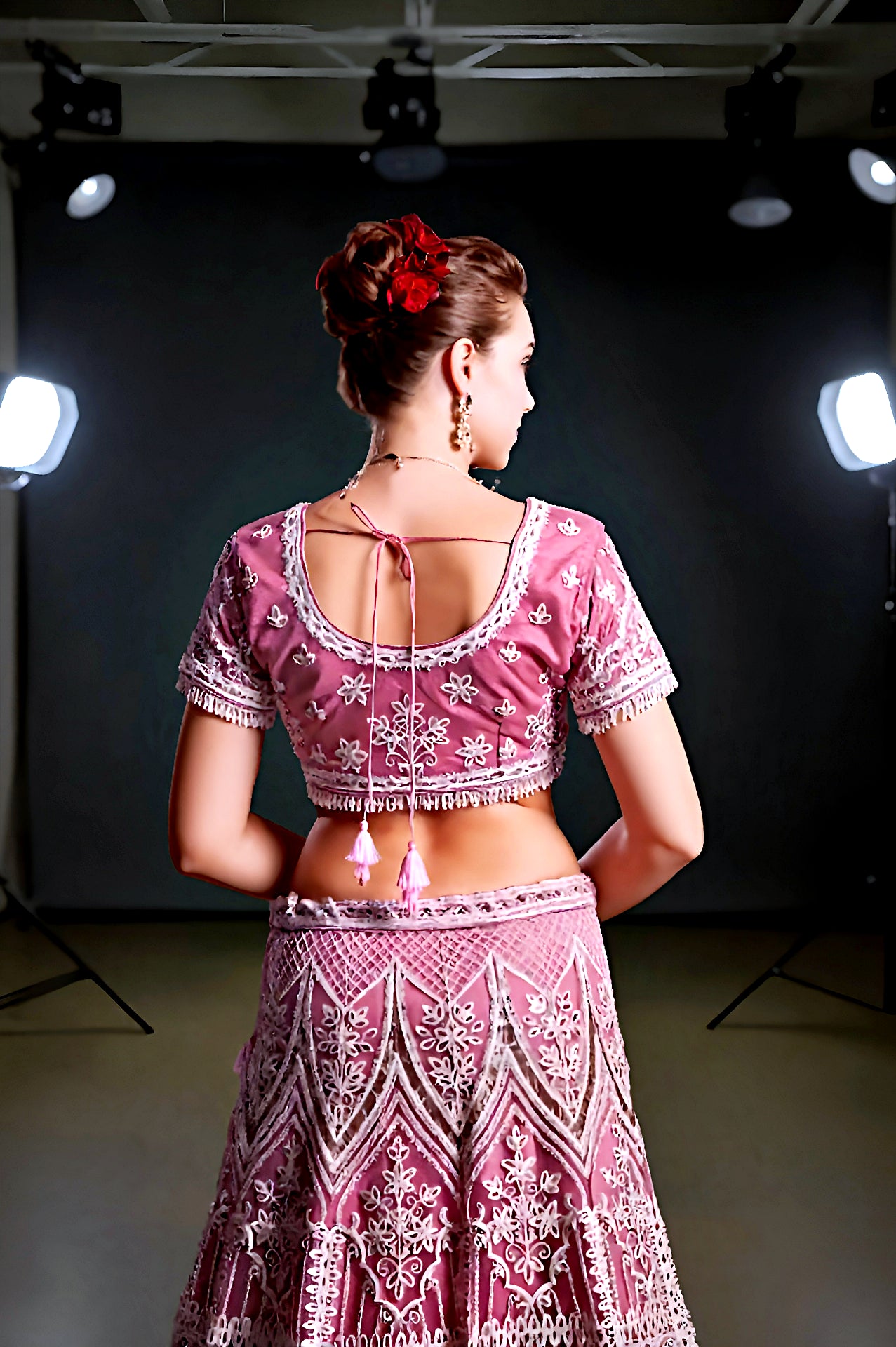 Pink Heavy Embroidered Premium Net Lehenga (Back)