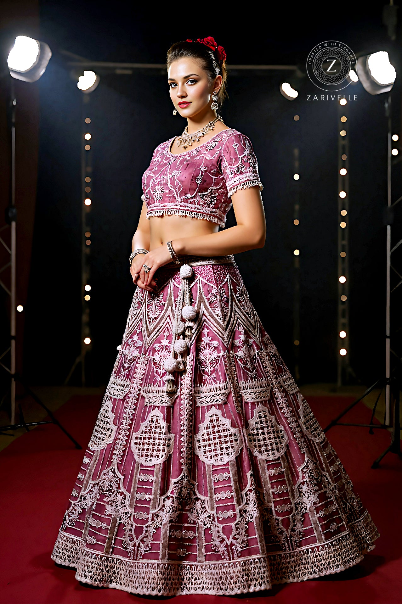 Pink Heavy Embroidered Premium Net Lehenga (Side)