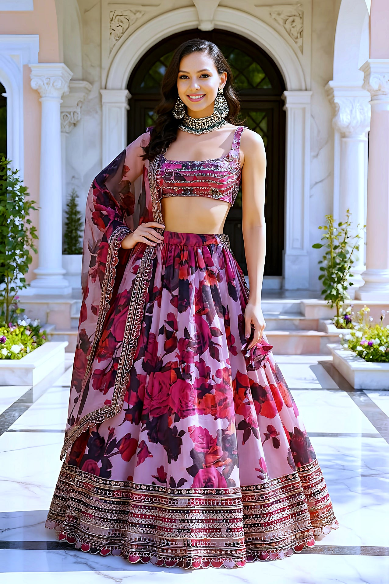 Pink Multicolor Printed Organza Lehenga (Front)