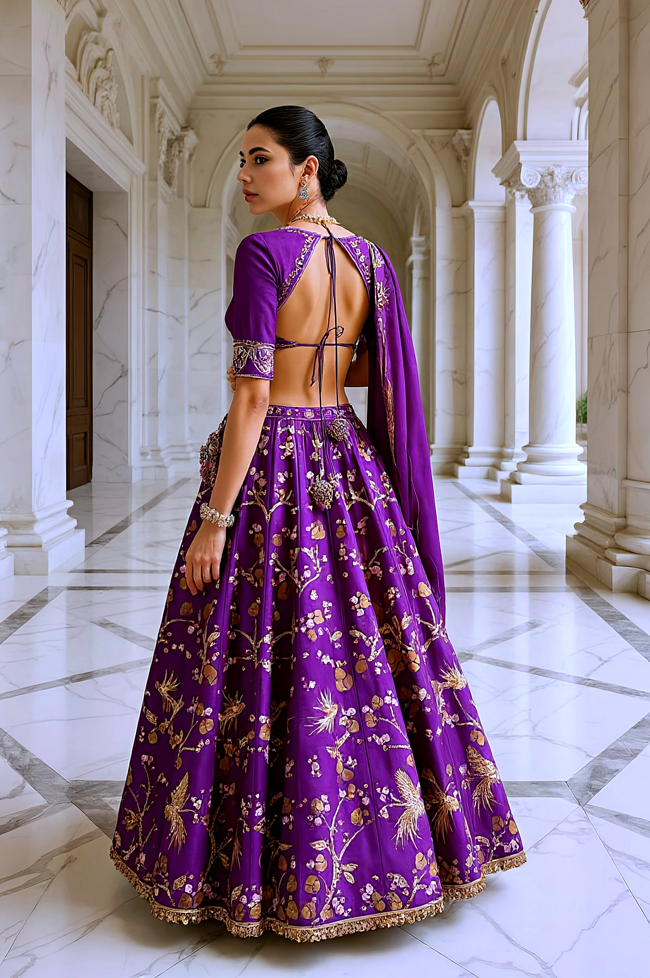 Purple Embroidered Premium Silk Lehenga (Back)