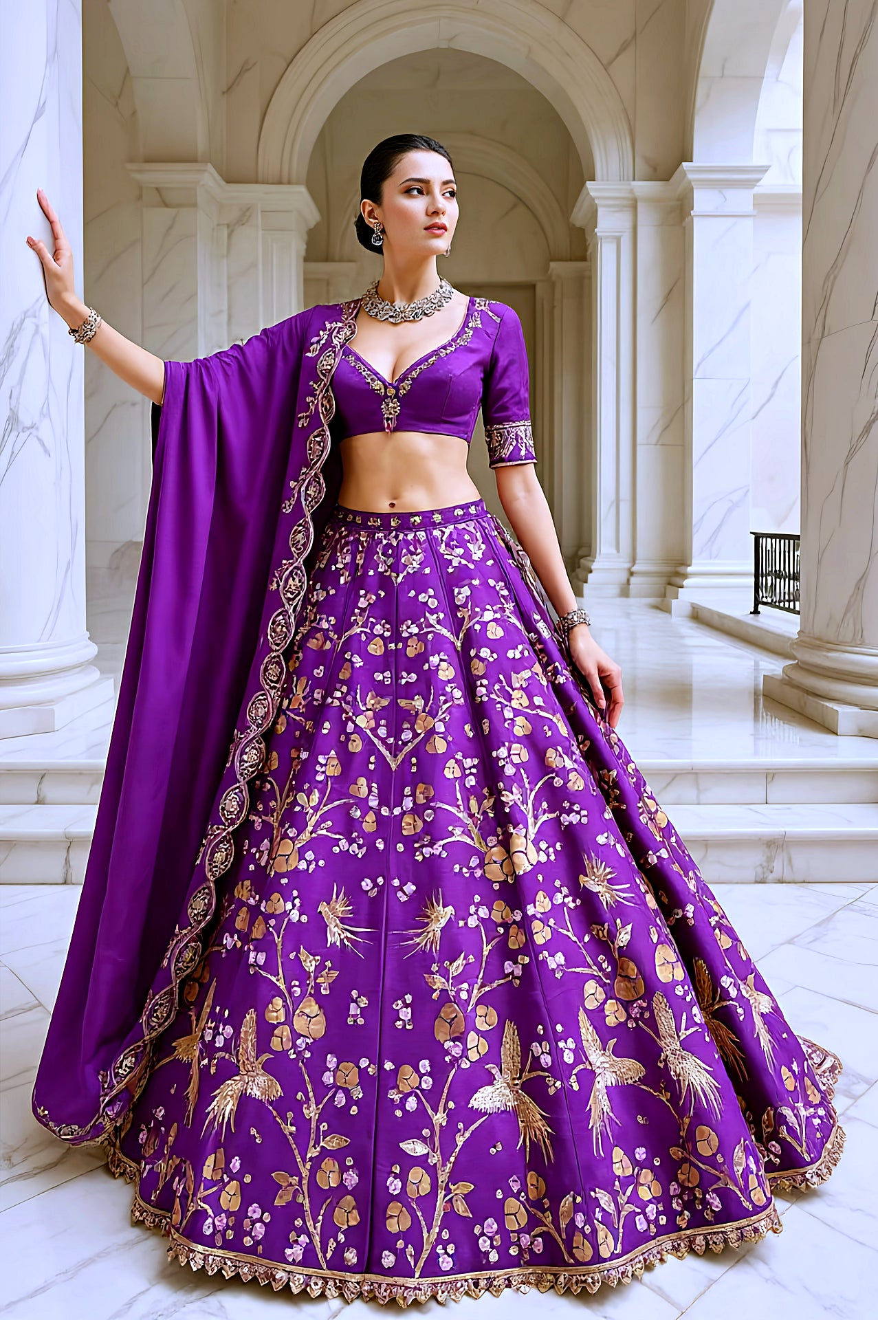 Purple Embroidered Premium Silk Lehenga (Front)