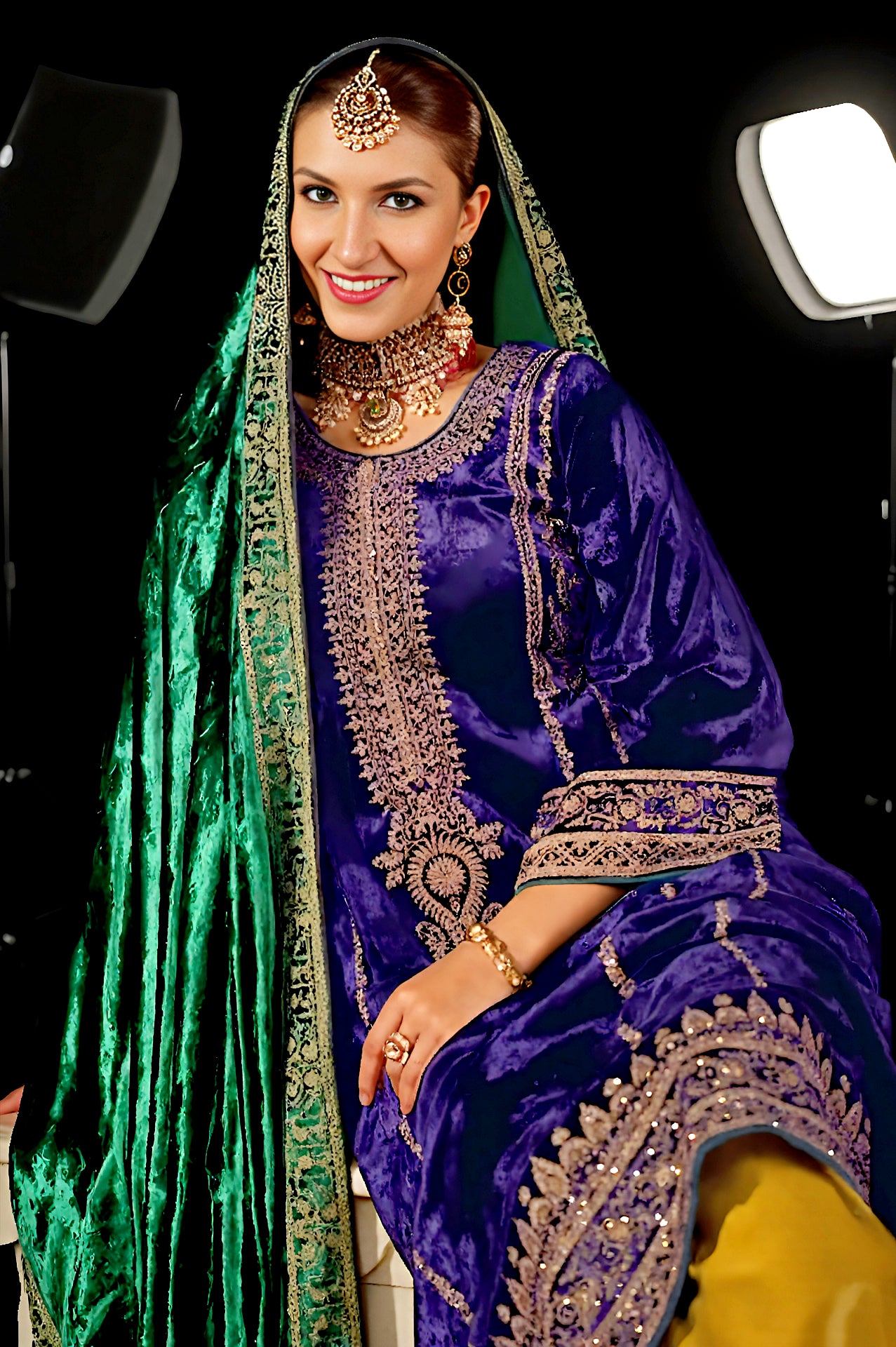 Purple Multicolor Embroidered Velvet Straight Suit (Front)