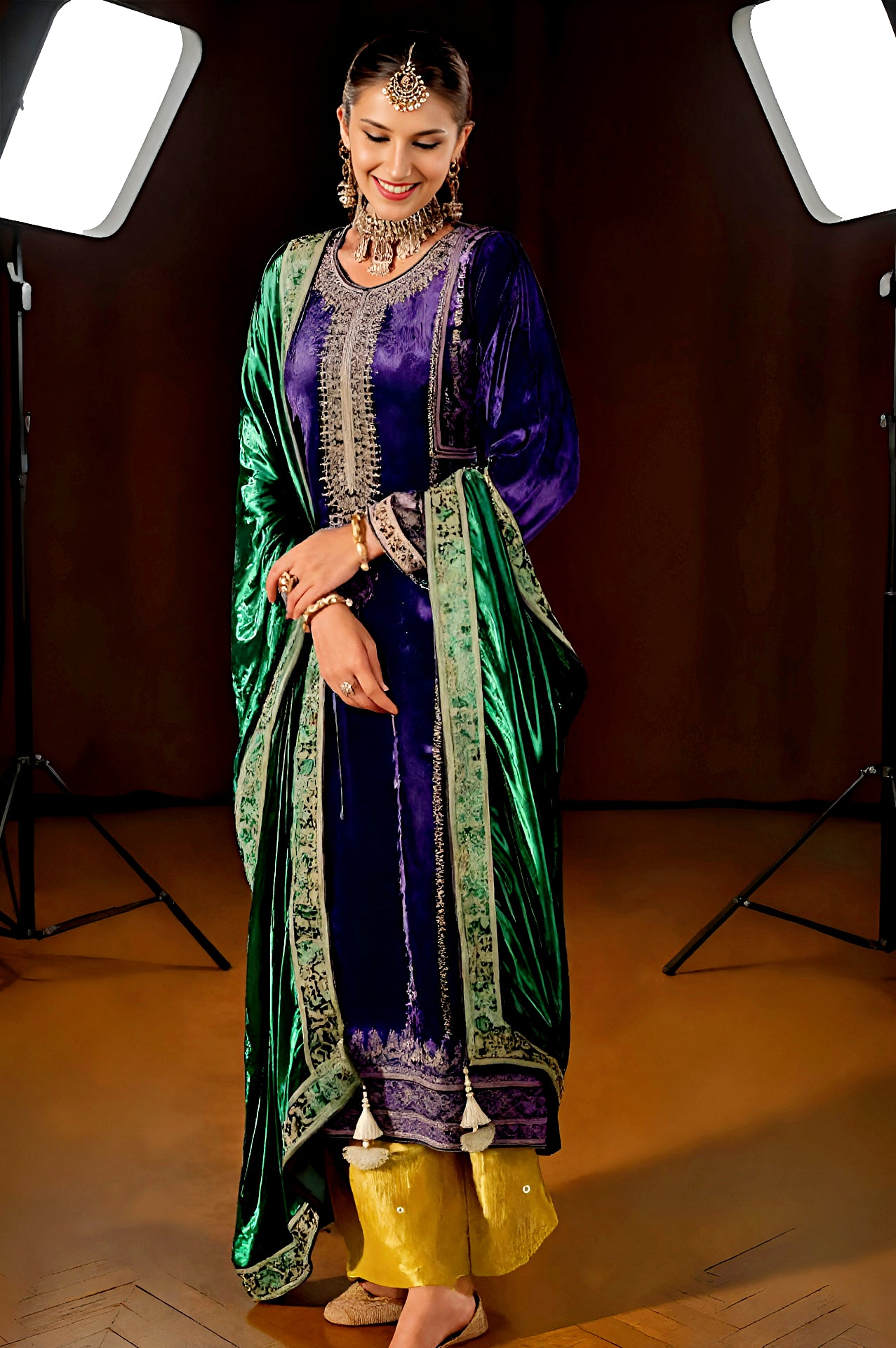 Purple Multicolor Embroidered Velvet Straight Suit (Side)