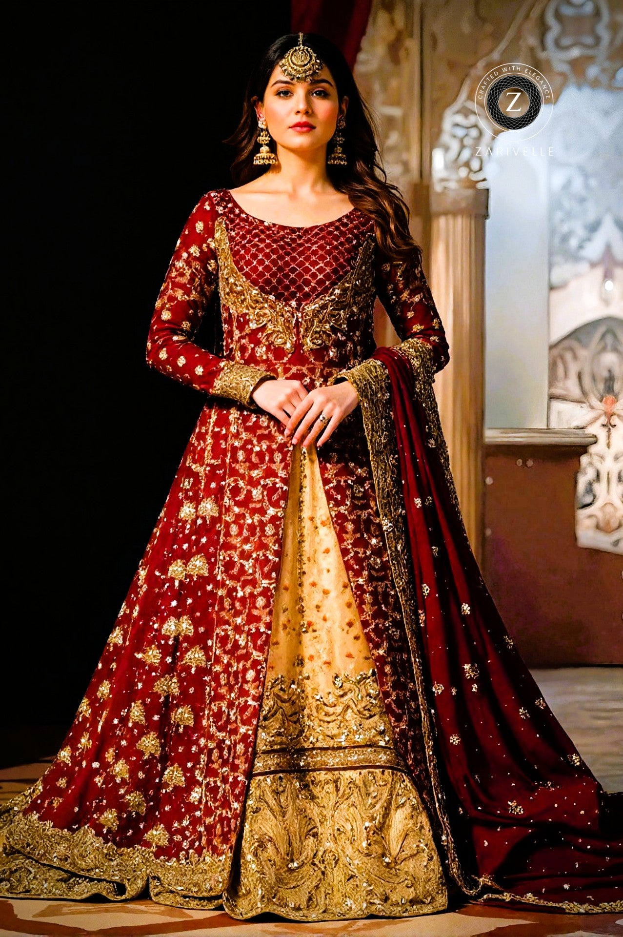 Red And Golden Heavy Embroidered Silk Lehenga (Front View)