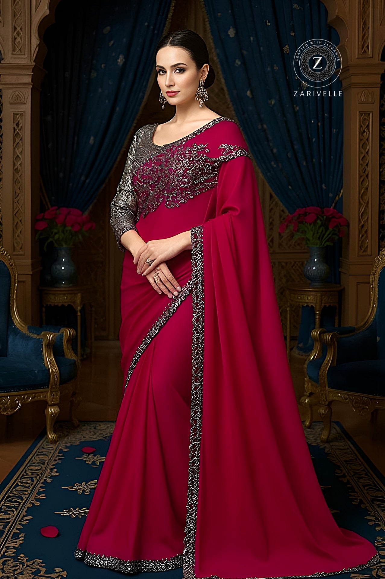 Red Embroidered Chiffon Saree (Side)