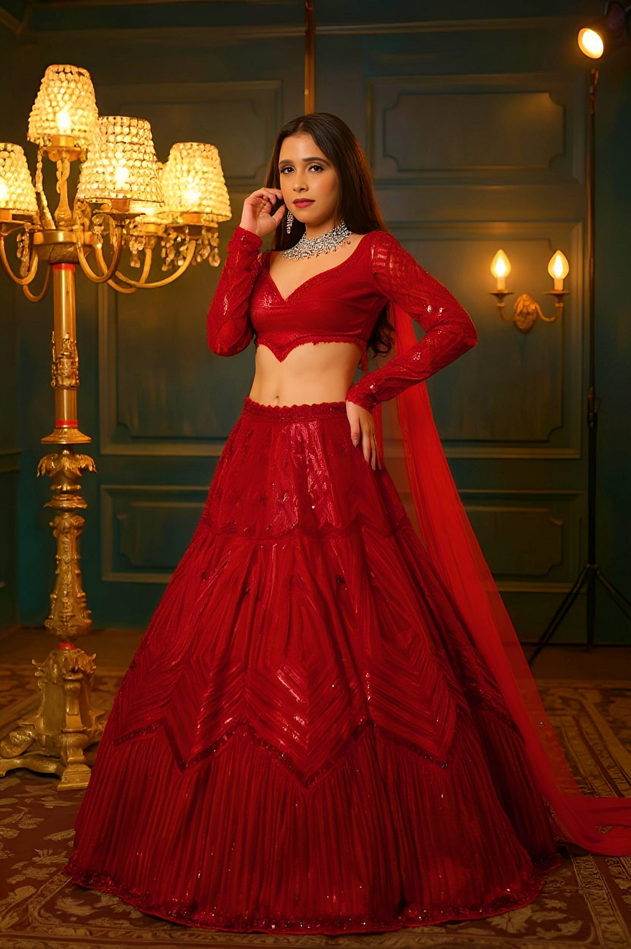 Red Embroidered Georgette Lehenga (Side)