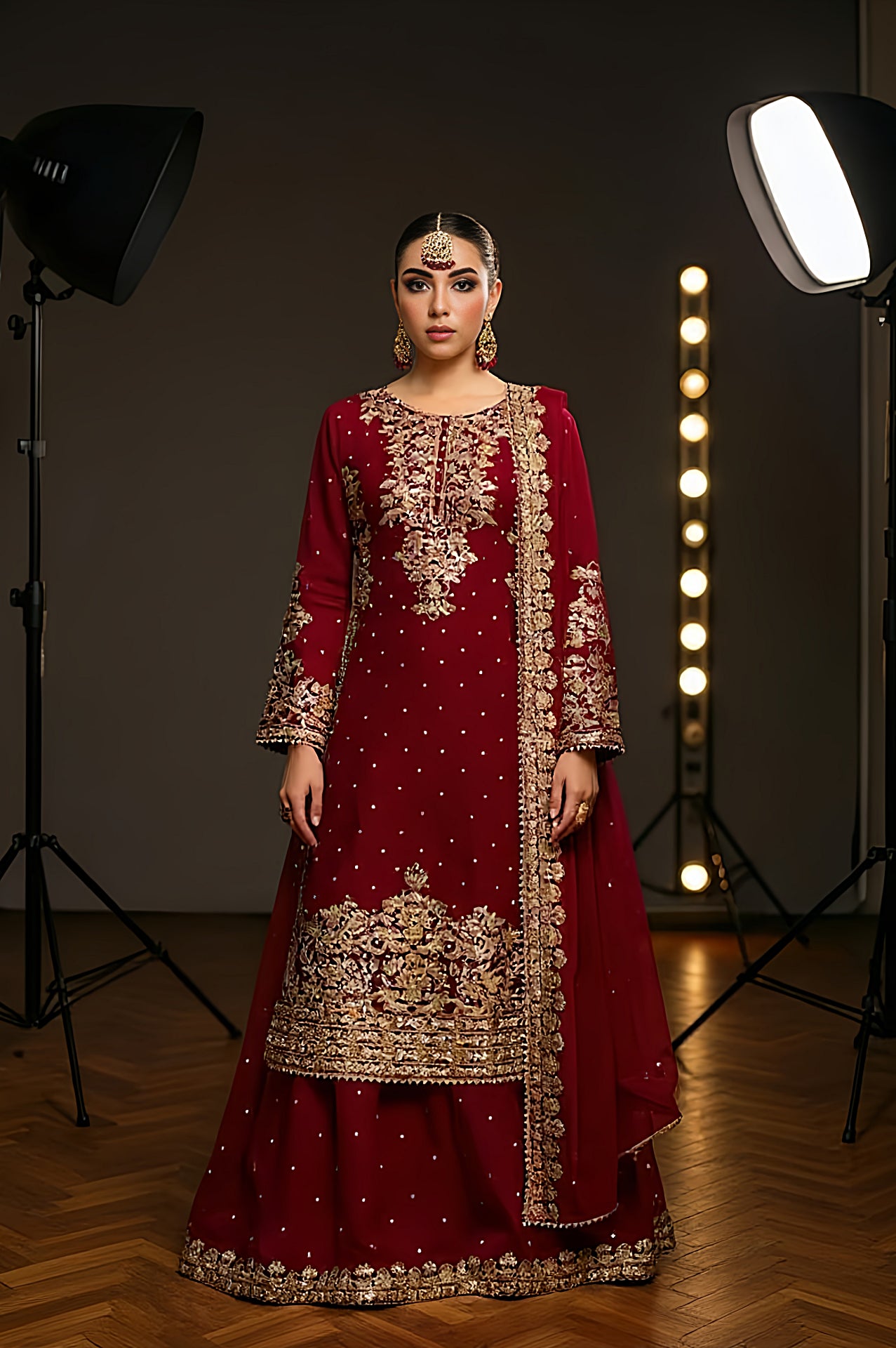 Red Embroidered Georgette Palazzo Suit (Front)