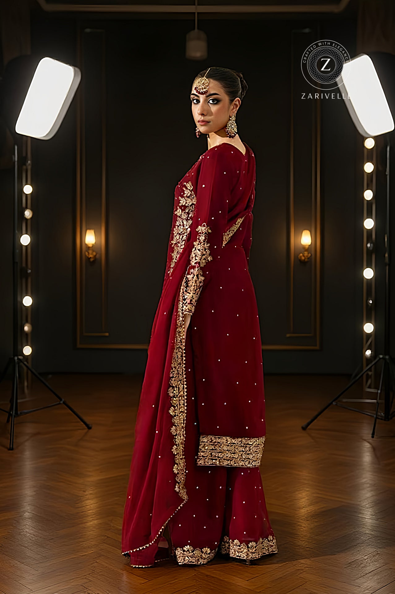 Red Embroidered Georgette Palazzo Suit (Side)